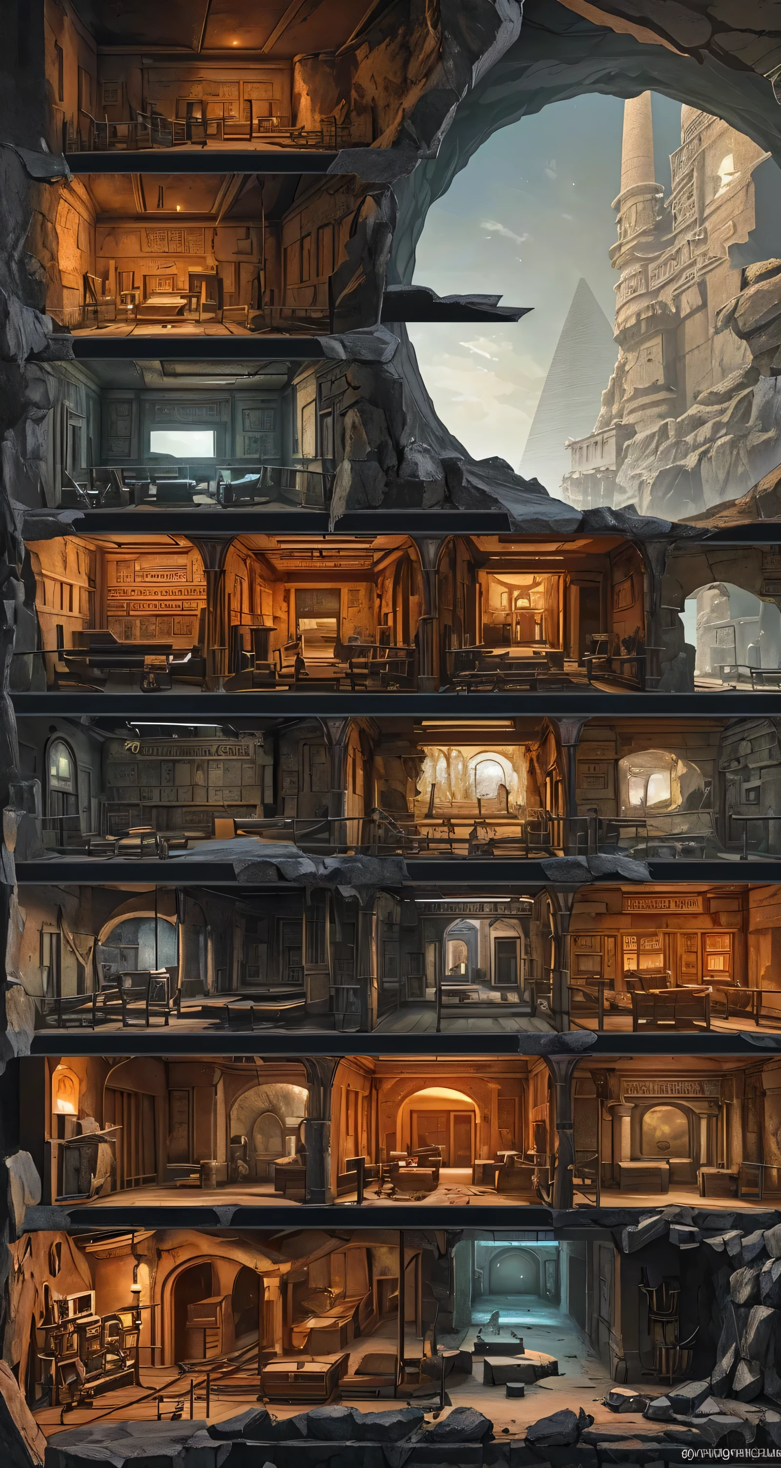 A sectional view of the interior space of an ancient bunker, displaying various rooms of different sizes in the style of digital art, depicting Egyptian style architecture. There should be several floors to show what is behind them, including many iconic Egyptian style buildings, pharaoh sculptures, etc. Do not display modern items such as electric lights, torch lighting, medieval settings, 2D gaming environment, etc, global lighting, and game art style，8k 