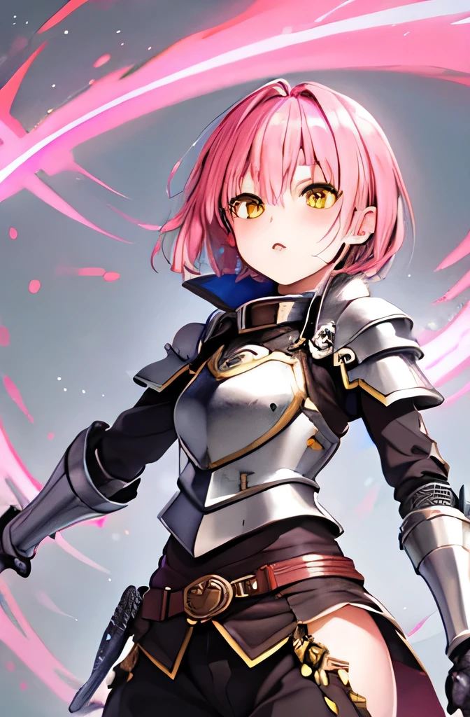 best quality,high resolution,shota,light pink hair,short hair,Yellow Eyes,Iron Armor,sword,1 person