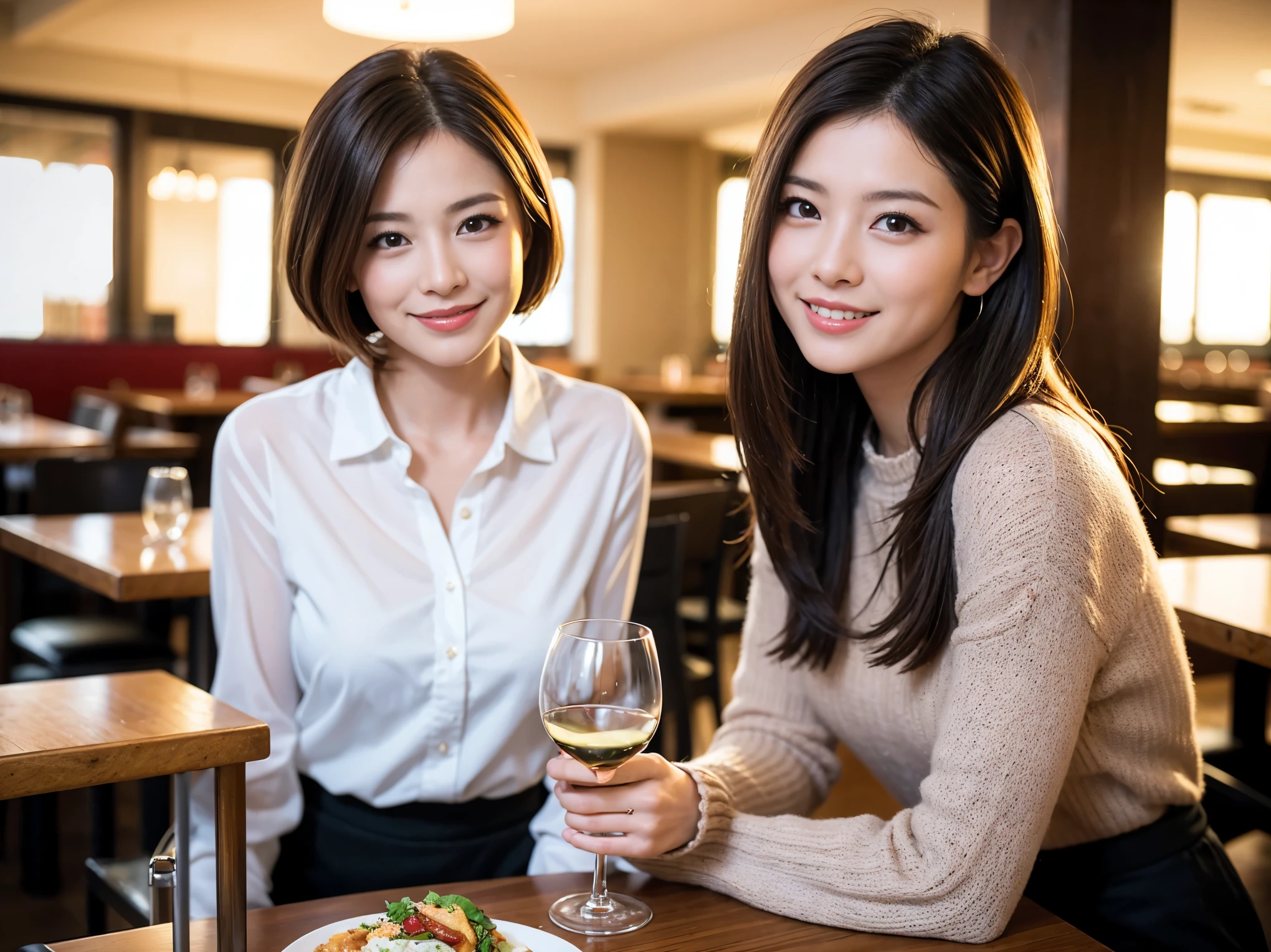 ((highest quality、8k、masterpiece:1.3))、1 male、1 woman who resembles Satomi Ishihara、Couple、Spouse、Couple、The body is slim、((Bob Hale、Straight hair:1.2)), (Realistic, Intricate details:1.2), Wine glass on the table、Shine light on your face、 Amazing view of the sunset sky and clouds、Amazing mountain views、A bright smile、The wonderfulness of smile、Bright image、The beauty of wine, Beautiful Face, blue eyes, The light shines on your face, Blushing, short hair,Bright Face、 (42 years old), 39 years old, red wine 、Appetizers、Italian food、Wine bottle、Champagne、sparkling wine、Two beauties、Brown Hair、Shortcuts、Long sleeve shirt、dress、Pretty Woman 1, (Slim face), (The body is slim), (Brown Hair), (Shortcuts), cheeks turn a little red,Attractive beauty、restaurant, In a prominent place (From the waist up) Nova Frog Style, actress, model, Upper Body, White wine, slim, wine glass, A wine glass placed in the center, smile, (smile: 1.15), Beautiful fine grain, Depth f/2,saturation, High Contrast, Strong light and shadow,Moist Body:1.5、3D texture、Delicate eyes、Brown Hair、The hair is very shiny、