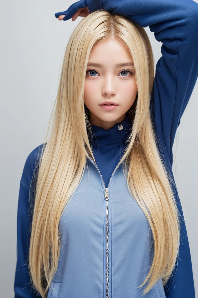 (High resolution:1.3), (16k, Photorealistic, Raw photo, Best image quality: 1.4), Japanese, (One Girl), Beautiful Face, (A vivid face), (Blonde、Long Hair:1.3), Beautiful Hairstyles, Realistic eyes, Beautifully detailed eyes, (Realistic Skin), Beautiful skins, attractive, 超A high resolution, Surreal, High detail, Golden Ratio, Highly detailed cute girl,(20-year-old), Surfing Team, Sweatsuit