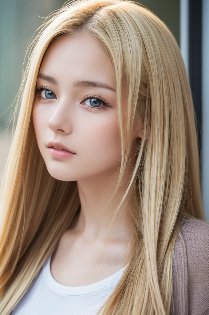 (High resolution:1.3), (16k, Photorealistic, Raw photo, Best image quality: 1.4), Japanese, (One Girl), Beautiful Face, (A vivid face), (Blonde、Long Hair:1.3), Beautiful Hairstyles, Realistic eyes, Beautifully detailed eyes, (Realistic Skin), Beautiful skins, attractive, 超A high resolution, Surreal, High detail, Golden Ratio, Highly detailed cute girl,(20-year-old), Surfing Team, Sweatsuit