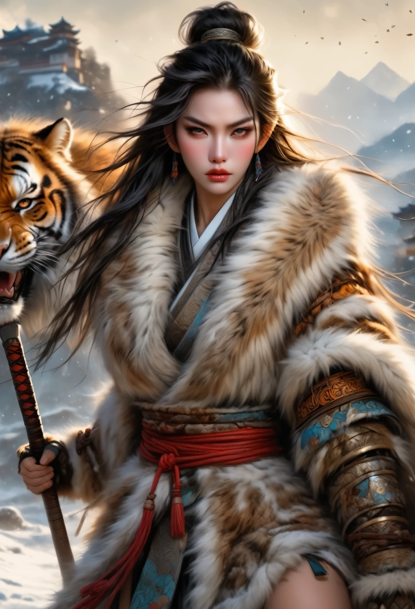 (best quality,4k,8K,High resolution,masterpiece:1.2),Extremely detailed,(Practical,photoPractical,photo-Practical:1.37),Thick fur winter coat,Creative fusion of traditional Chinese design patterns and contemporary elements, High Ponytail, Intense expression, Energetic, Sharp eyes, 1 Samurai, Handsome face, Tiger beast, Epic Fantasy Character Art, wearing intricate fur armor, Luis Royo (Luis Royo) style, Northern female warrior holding a spear, HDR, Ultra HD, Studio Lighting, Super Fine, Clear focus, Physically Based Rendering, Extremely detailed的描述, professional, Bright colors, Bokeh, portrait, landscape