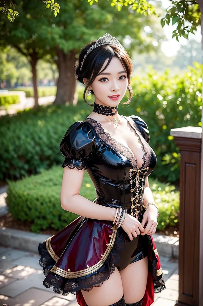 nsfw, y stylish Thai model, only 1 female, ((doll-like appearance)), short Mahogany stylish hair, ((shiny Victorian-Style boots)), (big smile), ultra detailed eyes, vivid eye makeup, lip-gloss, long lashes, defined eyebrows, ((sexaradise Kiss cosplay)), bell-shaped skirt, petticoats, high neckline, puffedeves, ((ultra detailed lace)), ((ultra detailed embroidery)), intricate details, Paradise Kiss accessoires and matching headpiece, choker, ((large sparkling Paradise Kiss jewelry)), cinematic light, detailed large park background with trees