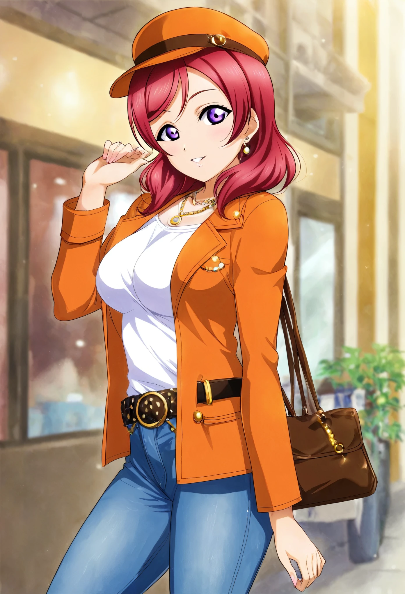 Masterpiece, best quality, love live style,solo , nishikino maki, red hair, purple eyes,hourglass body,busty,shirt, hat, jewelry, jacket, white_shirt, earrings, belt, pants, hand_up, necklace, bag, denim, jeans, handbag, orange_jacket, hentai style