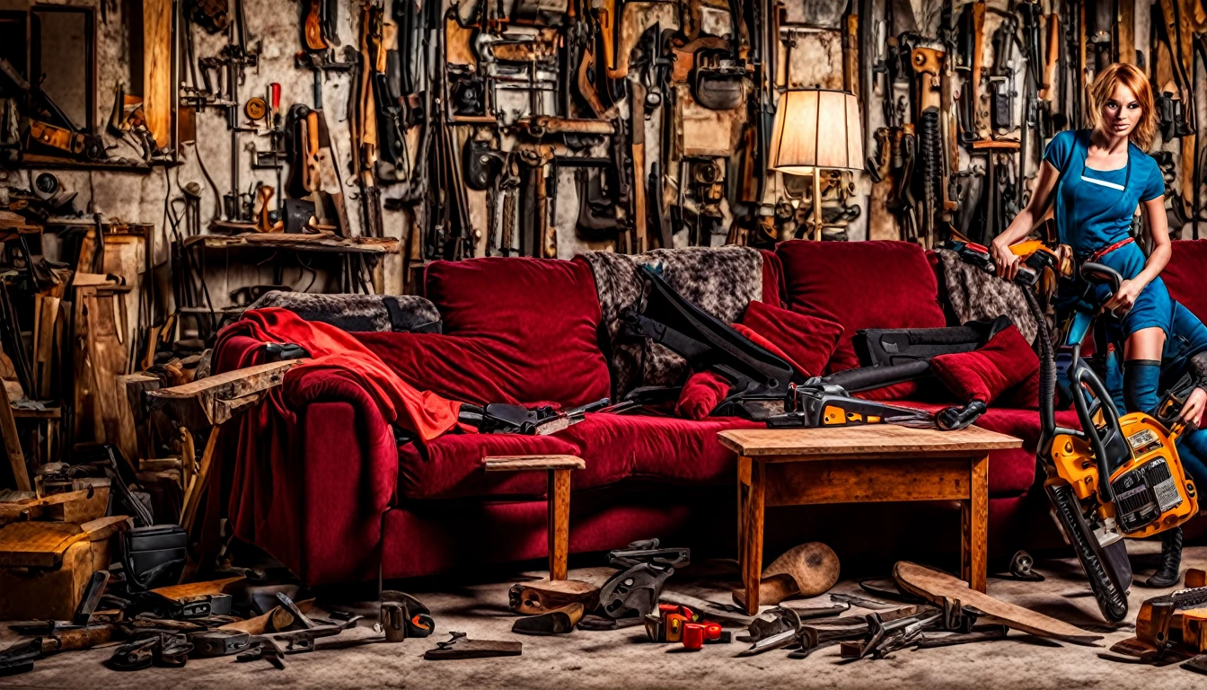 chainsaw,Bulgarian woman,spanners,guitar,пиtableет, Gun,automatic,sofa ,table.