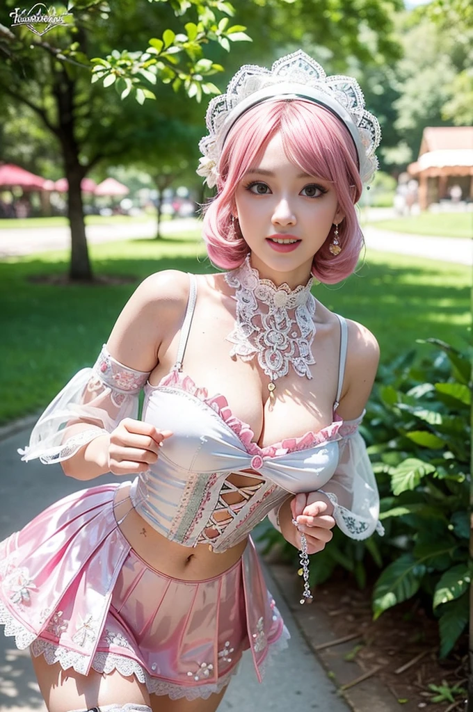 (nsfw), sexy stylish Swedish model, only 1 female, ((doll-like appearance)), short neon pink stylish hair, ((shiny Victorian-Style boots)), (big smile), ultra detailed eyes, vivid eye makeup, lip-gloss, long lashes, defined eyebrows, ((sexy Paradise Kiss cosplay)), bell-shaped skirt, petticoats, high neckline, puffed sleeves, ((ultra detailed lace)), ((ultra detailed embroidery)), intricate details, Paradise Kiss accessoires and matching headpiece, choker, ((large sparkling Paradise Kiss jewelry)), cinematic light, detailed large park background with trees