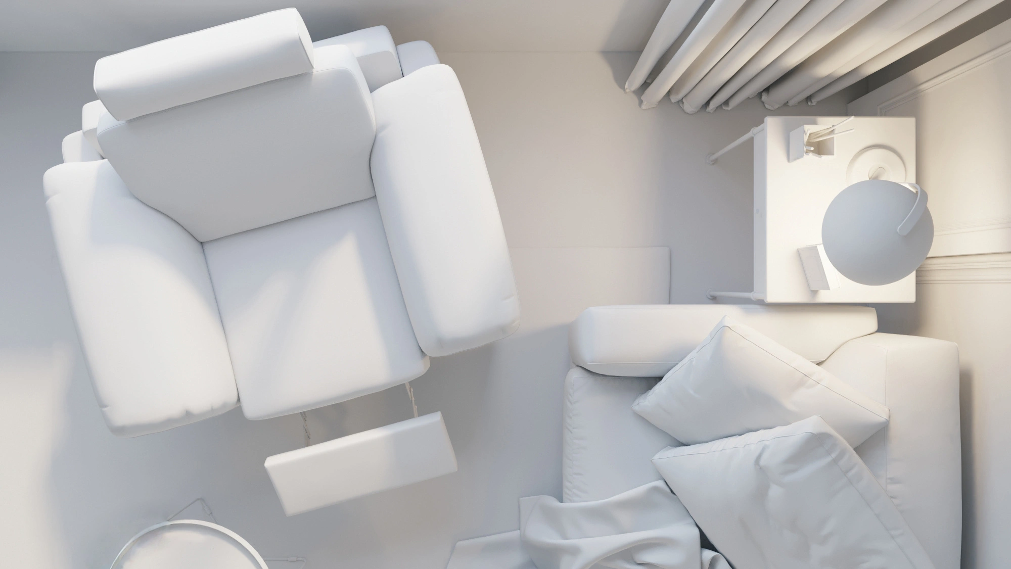 There is a white sofa and a white chair in the room, Ambient Occlusion render, Soft 3d rendering, an Ambient Occlusion render, Perspective 3d Octane rendering, All white rendering, ambient oclusion, Detailed architectural visualization renderings, ray tracing Ambient Occlusion, Abstract 3d rendering, Ambient Occlusion:3, Clean 3D Rendering