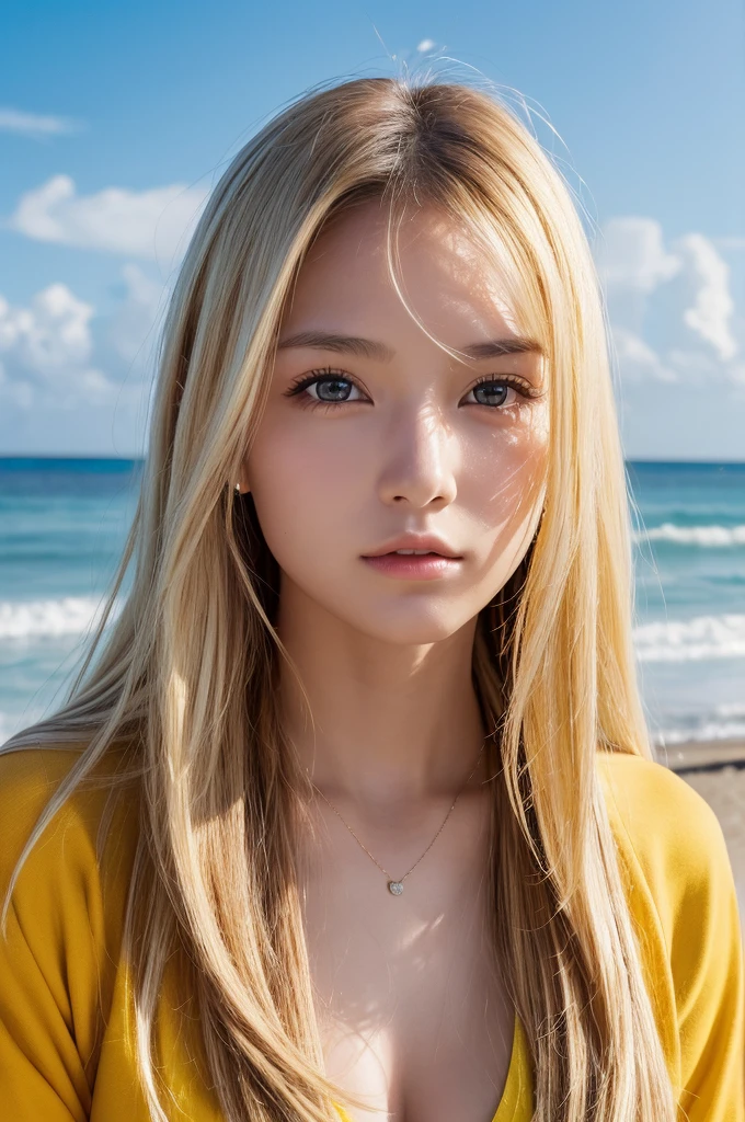 (High resolution:1.3), (16k, Photorealistic, Raw photo, Best image quality: 1.4), Japanese, (One Girl), Beautiful Face, (A vivid face), (Blonde、Long Hair:1.3), Beautiful Hairstyles, Realistic eyes, Beautifully detailed eyes, (Realistic Skin), Beautiful skins, attractive, 超A high resolution, Surreal, High detail, Golden Ratio, Highly detailed cute girl,(20-year-old), Surfing Team, Sweatsuit、Beach