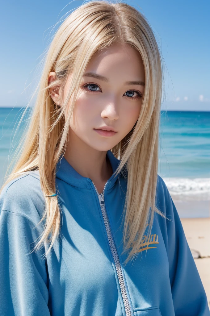 (High resolution:1.3), (16k, Photorealistic, Raw photo, Best image quality: 1.4), Japanese, (One Girl), Beautiful Face, (A vivid face), (Blonde、Long Hair:1.3), Beautiful Hairstyles, Realistic eyes, Beautifully detailed eyes, (Realistic Skin), Beautiful skins, attractive, 超A high resolution, Surreal, High detail, Golden Ratio, Highly detailed cute girl,(20-year-old), Surfing Team, Sweatsuit、Beach