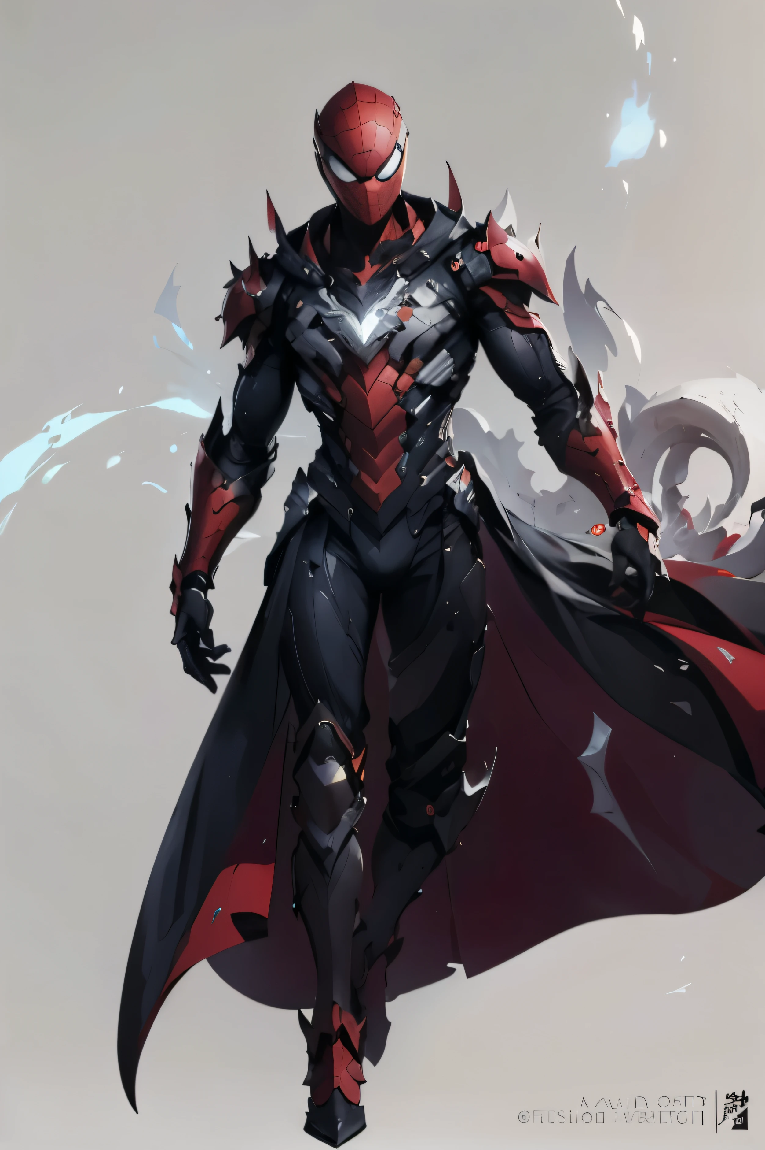1 boy, full body, red and black armor, hoodie, long-sleeved coat, masterpiece, high quality, JK Style, Spider man, bio mecha, muscle tissue