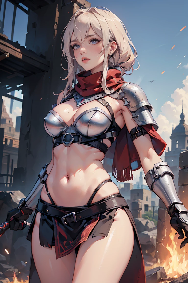 ((masterpiece, highest quality, Highest image quality, High resolution, photorealistic, Raw photo, 8K)), ((Extremely detailed CG unified 8k wallpaper)), (huge stunning goddess shot, very hot and sexy, jaw-dropping beauty, perfect proportions, beautiful body, slim body beauty:1.4), arafed woman in armor holding a sword and shield, portrait of a barbarian female, north female warrior, a very beautiful berserker woman, north adult female warrior, female barbarian, female warrior, portrait of a barbarian woman, barbarian warrior woman, very beautiful female barbarian, barbarian class, portrait of a woman warrior, rpg portrait concept art, (beautiful warrior, holding short sword and small shield, Wearing a red scarf, leather armor), (blonde hair, blue eyes, dark skin), (amphitheatre, Fighting while being watched by the crowd, motion blur), 