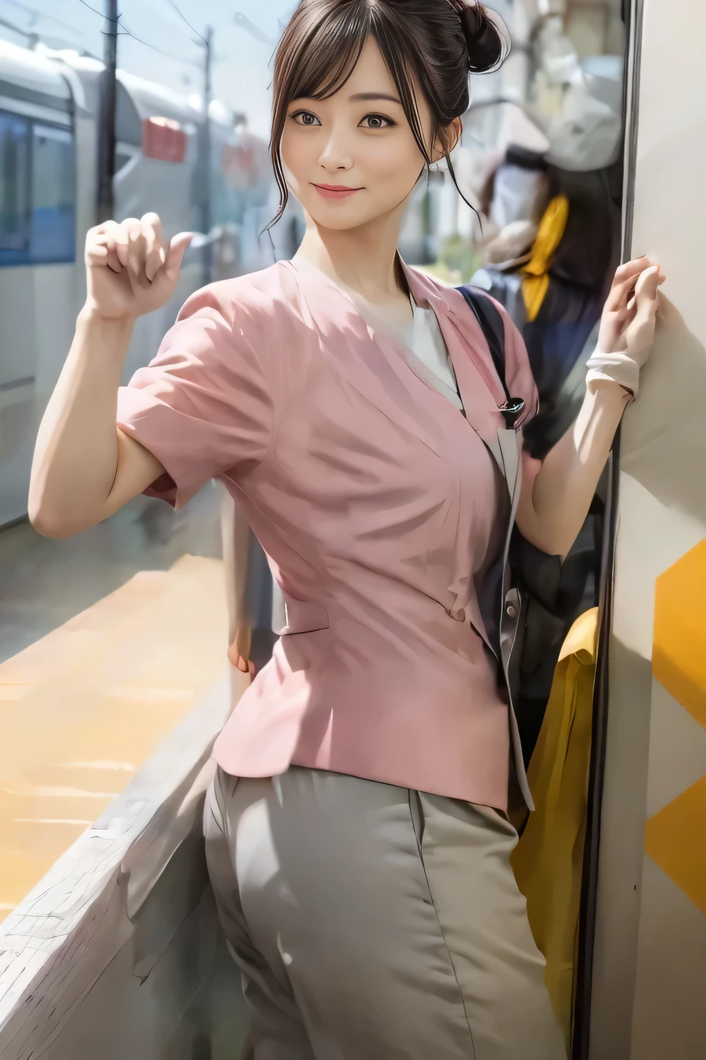 (masterpiece:1.2, highest quality:1.2), 32K HDR, High resolution, (alone、1 girl)、(On the rooftop of a building in the daytime、Professional Lighting)、Building rooftop background、(Nankai train crew uniform pinkを着たリアルスタイル)、(Nankai train crew uniform pink short sleeve pink jacket、Nankai Train Crew Uniform Pink Collarless Short Sleeve Blouse、Nankai Train crew uniform pinkのグレー色のキュロットスカート)、Dark brown hair、(Hair tied up、Hair Bun、Hair Bun)、Dark brown hair、Long Shot、Big Breasts、Thin legs、((Great hands:2.0)),((Harmonious body proportions:1.5)),((Normal limbs:2.0)),((Normal finger:2.0)),((Delicate eyes:2.0)),((Normal eyes:2.0)))、smile、(Nankai Train crew uniform pinkのグレー色のキュロットスカートを見せた美しい歩く姿)、Put your hands down