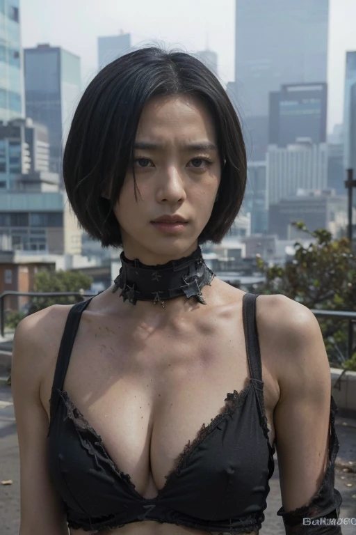 original photography, Super detailed, 1 sexy woman, Cybernetic Neck, (: 1.5), detailed,(movie lighting:1.1), (Cold Face), beautiful eyes, 1 Girl, Solitary, black_hair, short_hair,Beautiful long legs， masterpiece, best quality, A ruined city block in the background, Vivid details, Luxury Cyberpunk, hyper-Practical, Anatomy, elegant, 8K, best quality, masterpiece, Very detailed, (Practical, photo-Practical: 1.37), portrait.