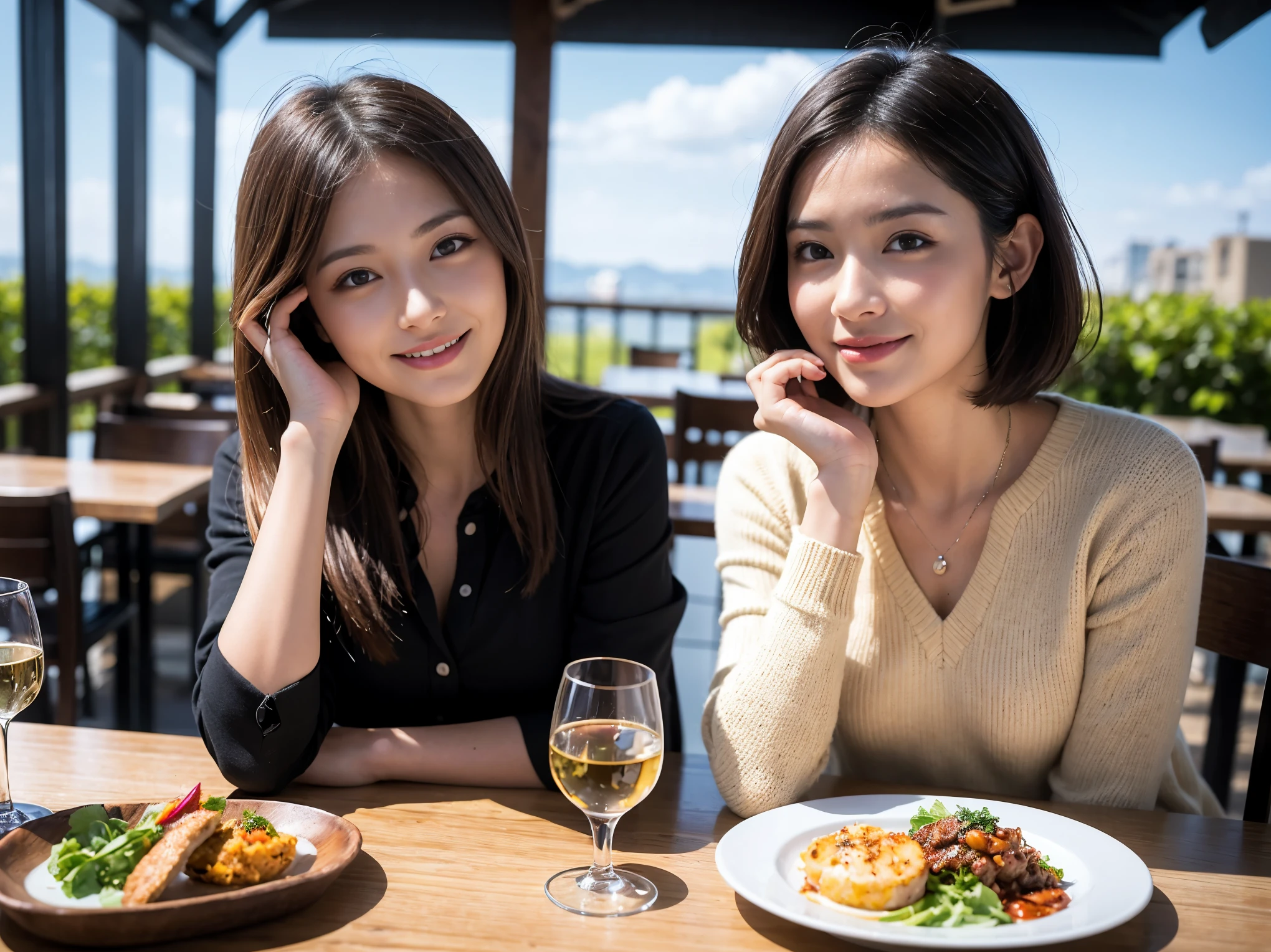 ((highest quality、8k、masterpiece:1.3))、1 male、1 woman who resembles Satomi Ishihara、Couple、Spouse、Couple、The body is slim、((Bob Hale、Straight hair:1.2)), (Realistic, Intricate details:1.2), テーブルの上のwine glass、Shine light on your face、 Amazing view of the sunset sky and clouds、full-course dinner, short hair,Bright Face、 (42 years old), 39 years old, red wine 、Appetizers、Italian food、Wine bottle、Champagne、sparkling wine、Two beauties、Brown Hair、Shortcuts、Long sleeve shirt、dress、Pretty Woman 1, (slimな顔), (The body is slim), (Brown Hair), (Shortcuts), cheeks turn a little red,Attractive beauty、restaurant, In a prominent place (From the waist up) Nova Frog Style, actress, model, Upper Body, White wine, slim, wine glass, 中央に置かれたwine glass, smile, (smile: 1.15), Beautiful fine grain, Depth f/2,saturation, High Contrast, Strong light and shadow,Moist Body:1.5、3D texture、Delicate eyes、Brown Hair、The hair is very shiny、