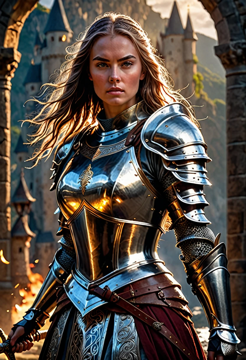 a female warrior, medieval fantasy knight, heavily armored, holding a sword, fierce expression, long flowing hair, intricate armor details, glowing magical energy, dramatic lighting, cinematic pose, epic landscape background, (best quality,4k,8k,highres,masterpiece:1.2),ultra-detailed,(realistic,photorealistic,photo-realistic:1.37),fantasy art, digital painting, dramatic colors, dramatic lighting