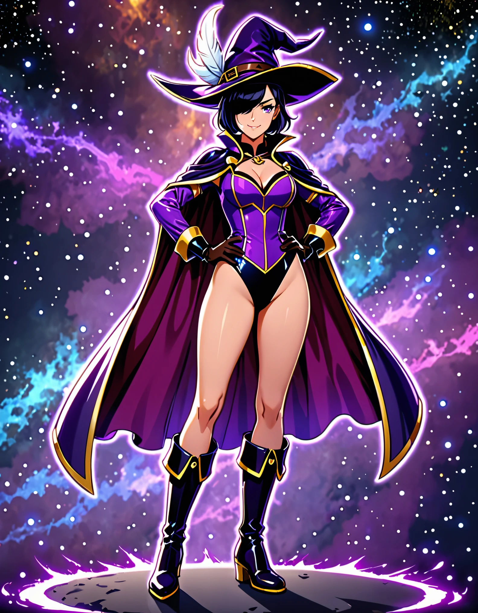 (masterpiece, best quality, high quality, highres:1.4), detailed, extremely detailed, ambient soft lighting, 4K, 1girl, (mature female), (short hair, black hair, hair over one eye:1.3), (purple eyes, confident smirk:1.2), medium breasts, (edgmousquetaire, costume, gloves, cape, boots, pirate, space pirate, matching boots, matching gloves, large hat, purple hat, feather on hat, wearing edgmousquetaire, leotard, purple leotard), hand on hips, confident pose, outer space backdrop, bare legs, (power, aura, purple aura).