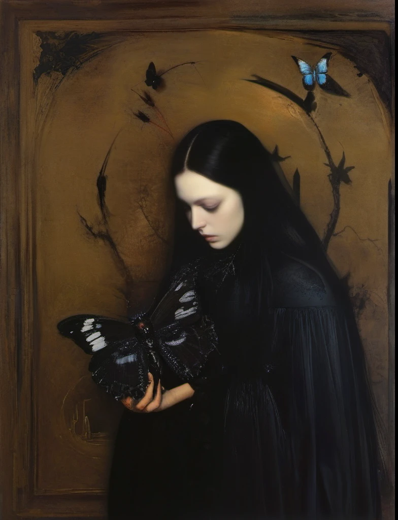 James Gurney, Surrealist art , dream-like, Mysterious, Provocative, symbolic, Complex, detailed,, (Gothic but very beautiful:1.4), (masterpiece, highest quality:1.4) , Nicola Samori Style, butterfly, Crow and the Young