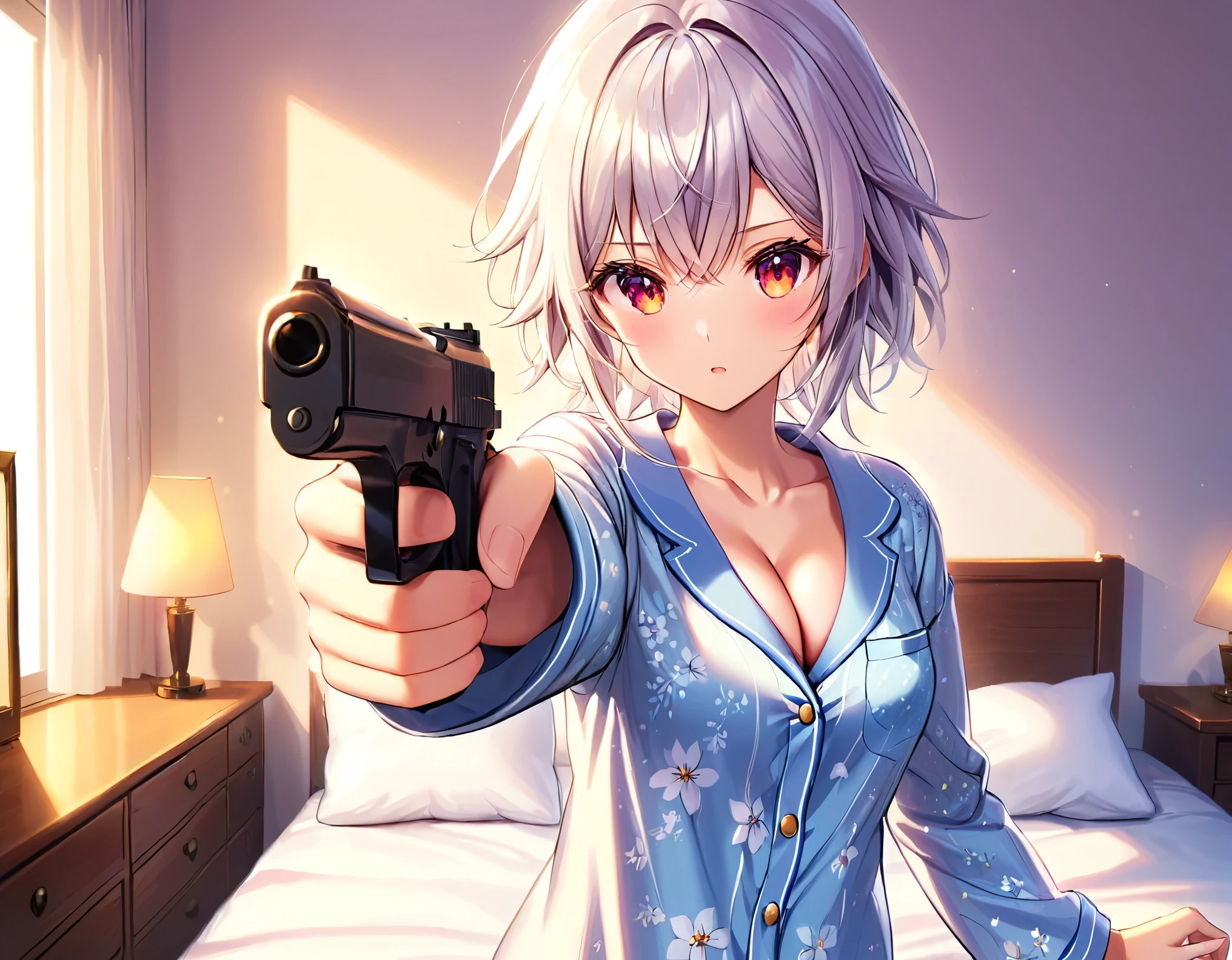 gorgeous, lovelypajama, bright room, comfortable bed, lovely pillow, warm lighting, aiming pistol , cleavage, stunning body, ultra detailed face, glowing lips l, glowing eyes, open pajama