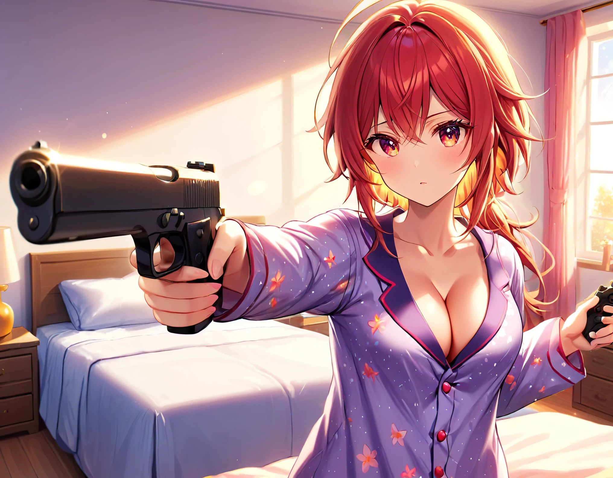 gorgeous, lovelypajama, bright room, comfortable bed, lovely pillow, warm lighting, aiming pistol , cleavage, stunning body, ultra detailed face, glowing lips l, glowing eyes, open pajama