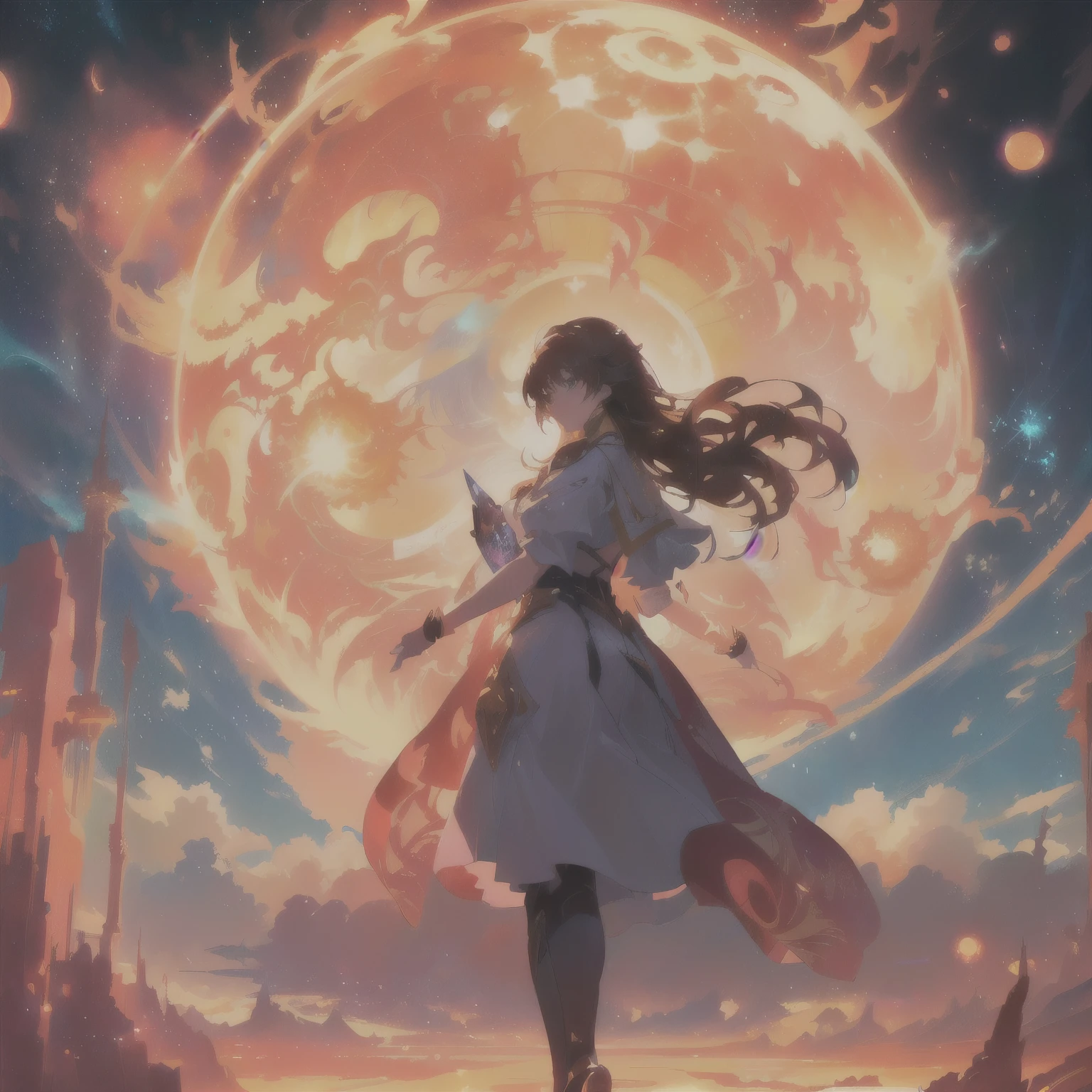 Long-haired woman standing in front of a giant sun, Spectacular artwork of anime, Anime fantasy illustration, Anime fantasy artwork, Anime Wallpaper, Ethereal Anime, Anime Background, Epic light novel cover art, Epic light novel art cover, hd Anime Wallpaper, Makoto Shinkai Cyril Rolando, Anime Style 4k, Anime-style artwork, Spectacular anime style