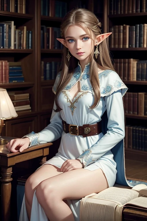 1beautiful young woman, belt, blue eyes, book, bookshelf, small breasts, capelet, dress, earrings, elf, indoors,detailed eyes, good hands, jewelry, long hair, long sleeves, looking at viewer, pointy ears, sitting, solo, white dress, high quality