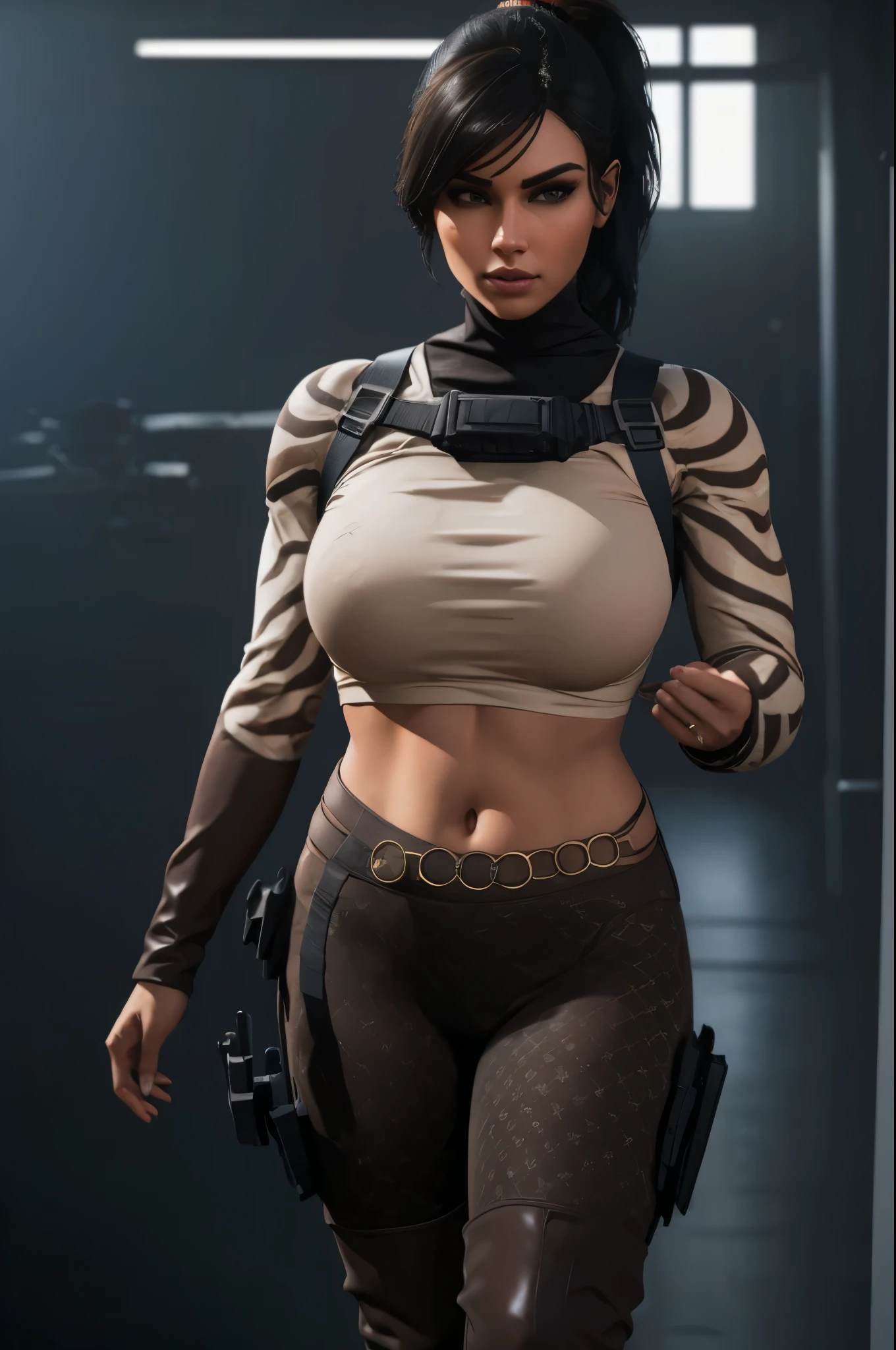 (full body portrait, 1 girl, looking at viewer, highly detailed, anatomy correct:1.4), tactical gear, coffee knee boots, (athletic body:1.3), coffee leggings, jewelry, black hair, ponytail hair, ski mask, (perfect face and hands:1.4), ((Best quality, masterpiece, Very beautiful woman)), Depth-of-field, Multi-layered textures, HDR (High Dynamic Range), Ray Tracing, NVIDIA RTX, Unreal 5, Subsurface scattering, PBR Texturing, Post-processing, Anisotropic Filtering, Maximum clarity and sharpness, Wide aperture, Low ISO, White balance, Rule of thirds, 8K RAW, (extremely slutty), (Highly realistic skin), sharp image, (extremely high quality artwork), the background is a biological laboratory with computers and servers