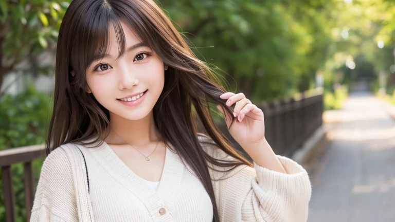 Produce the highest quality and highest resolution 8K images。The model is a 20-year-old Japanese woman.。The image depicts her posing and smiling for the camera.。She has brown eyes and a model figure.、She has an idol-level cute face.。The hair is long。Skin has a healthy color。Clothes、I&#39;m wearing early summer clothes。