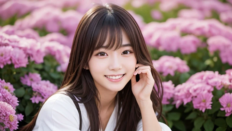 Produce the highest quality and highest resolution 8K images。The model is a 20-year-old Japanese woman.。The image depicts her posing and smiling for the camera.。She has brown eyes and a model figure.、She has an idol-level cute face.。The hair is long。Skin has a healthy color。Clothes、I'm wearing early summer clothes。