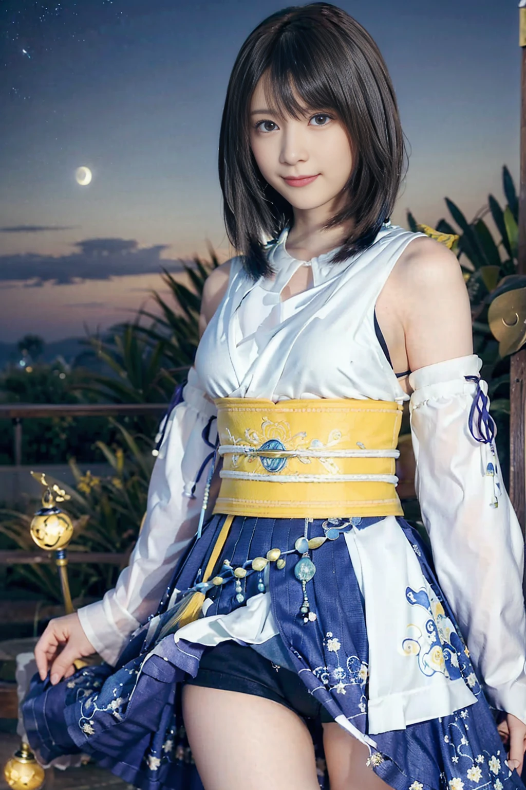 masterpiece、1 beautiful girl、Fine Eyes、smile、Puffy eyes、highest quality, 超High resolution, (reality: 1.4), 360-degree beautiful starry sky、Big Moon、Japanese、21 years old、so beautiful、desert、Beautiful Skin、Body facing forward、Cleavage、(超reality的な)、(High resolution)、(8k)、(Very detailed)、(美しくFine Eyes)、(Very detailed)、 Detailed face、Bright lighting、Professional Lighting、Looking at the audience、Look straight ahead、Diagonal bangs、Bright light Blue Hair、Nogizaka Idol、masterpiece, highest quality, Very detailed, shape, Long Hair, Blue Hair, Circlet, Red eyes,Small breasts, Yellow gloves, White Dress, belt, Cape, boots,mini skirt、