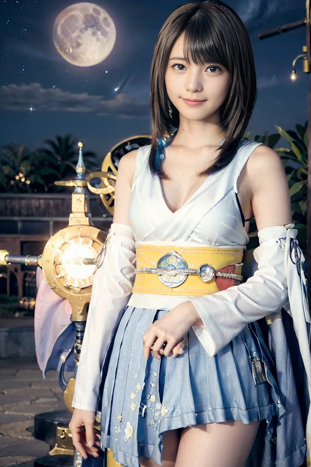 masterpiece、1 beautiful girl、Fine Eyes、smile、Puffy eyes、highest quality, 超High resolution, (reality: 1.4), 360-degree beautiful starry sky、Big Moon、Japanese、21 years old、so beautiful、desert、Beautiful Skin、Body facing forward、Cleavage、(超reality的な)、(High resolution)、(8k)、(Very detailed)、(美しくFine Eyes)、(Very detailed)、 Detailed face、Bright lighting、Professional Lighting、Looking at the audience、Look straight ahead、Diagonal bangs、Bright light Blue Hair、Nogizaka Idol、masterpiece, highest quality, Very detailed, shape, Long Hair, Blue Hair, Circlet, Red eyes,Small breasts, Yellow gloves, White Dress, belt, Cape, boots,mini skirt、Dance with open arms、