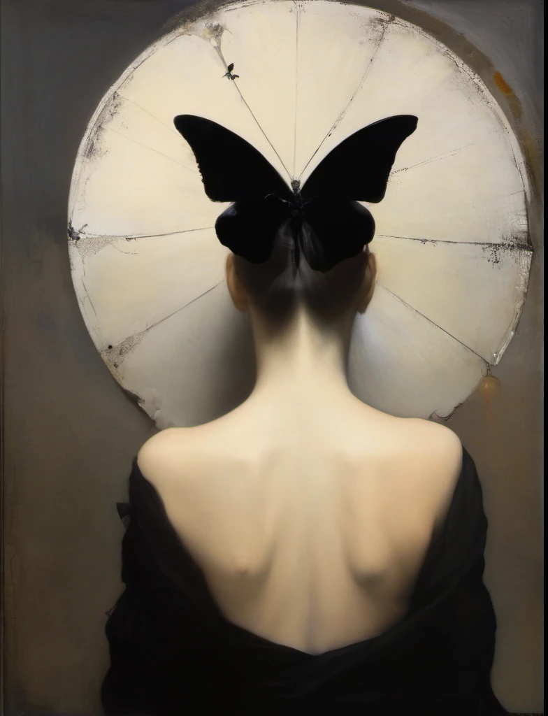 James Gurney, Surrealist art , dream-like, Mysterious, Provocative, symbolic, Complex, detailed,, (Gothic but very beautiful:1.4), (masterpiece, highest quality:1.4) , Nicola Samori Style, butterfly, Crow and the Young