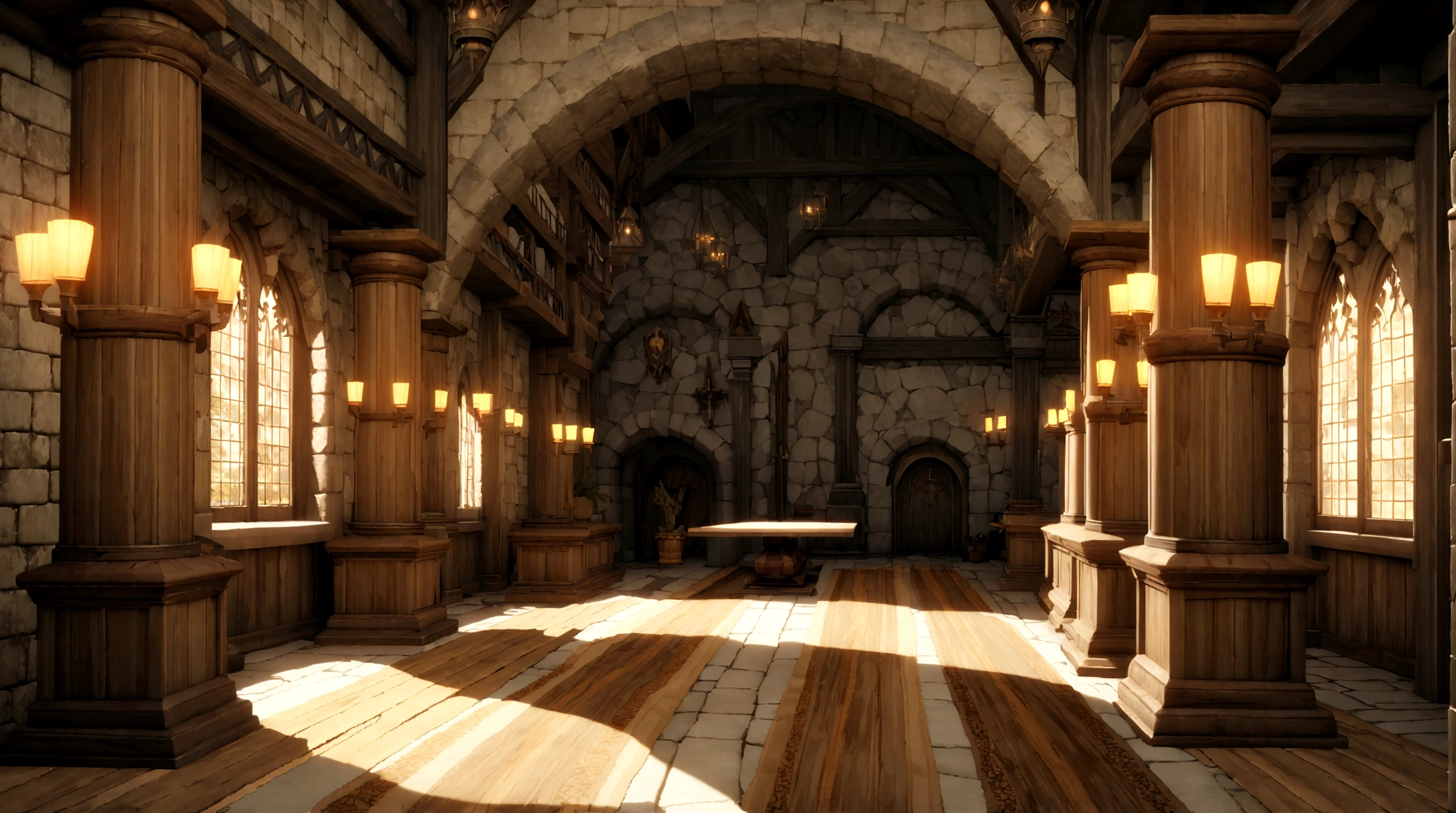 anime aestetics, medieval interior, medieval setting,stone walls , game render, anime lanscape, nord architecture, hall of fame, banners on the wooden collumns, fireplace iin the center, throne room, throne on the back of the room, heroic atmosphere, ornate carpet on the floor, dining hall, jarls keep, wide shot, highres, 4K, 8k, best quality, award winning, super detail, masterpiece