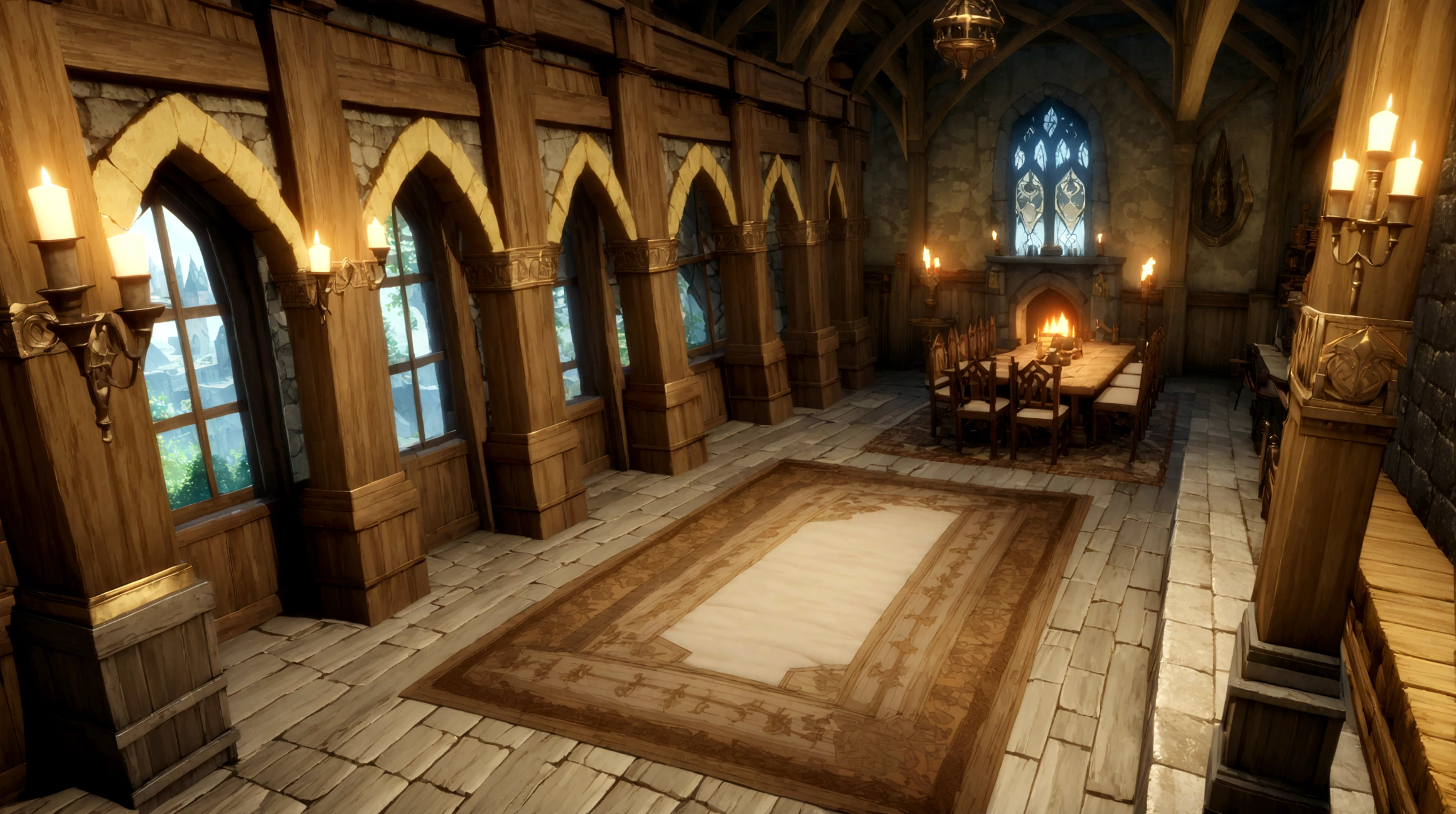  anime aestetics, medieval interior, medieval setting,stone walls , game render, anime lanscape, nord architecture, hall of fame, banners on the wooden collumns, fireplace iin the center, throne room, throne on the back of the room, heroic atmosphere, ornate carpet on the floor, dining hall, jarls keep, wide shot, highres, 4K, 8k, best quality, award winning, super detail, masterpiece