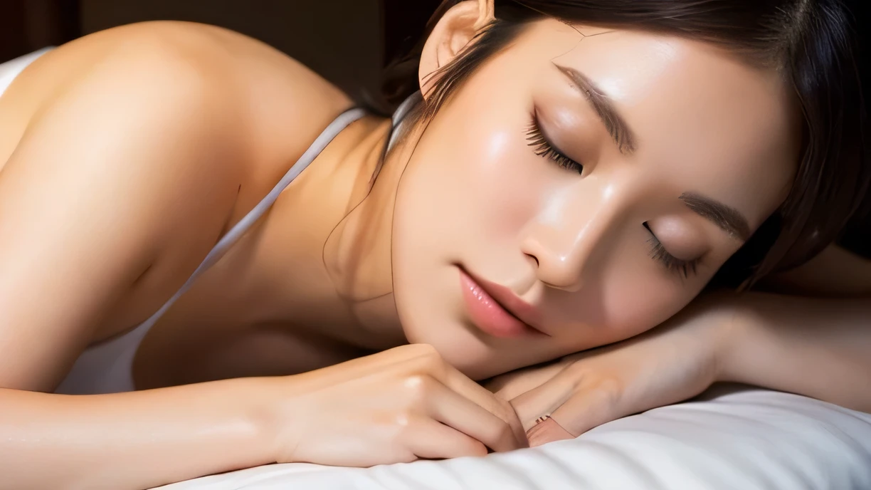 man sleeping in bed。Beautiful Japanese woman giving a massage to a man。