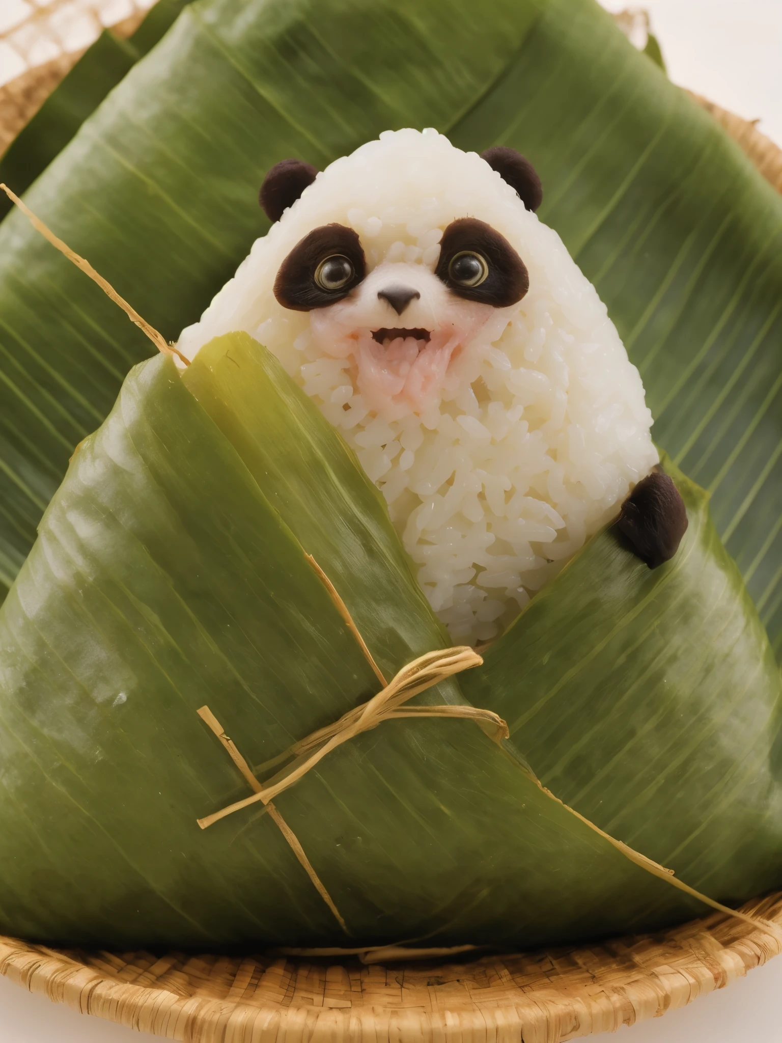 A panda-shaped zongzi, made of glutinous rice, has a cute expression, the lower half of the body is wrapped in tapered leaves, the head sticking out of the leaves, equidistant, cartoon-style, Macro Lens, studio light, nature, soft lighting, film grain, cowboy shot, epiCPhoto