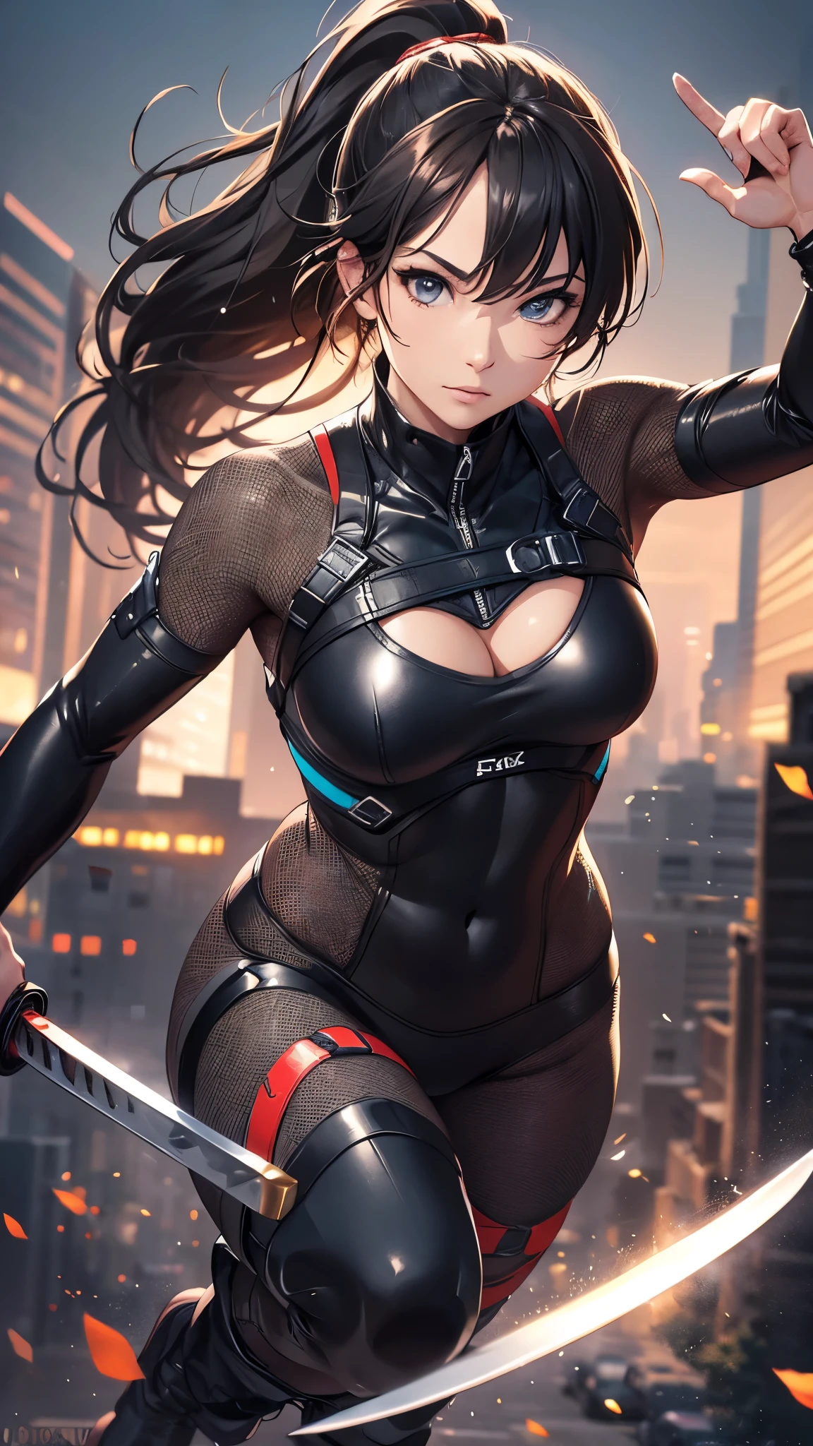 a woman with a brown ponytail hair, wearing a ninja jacket, bra top, leotard, spandex, fishnet pantyhose, and raced-up-long-boots, holding a katana and a long sword, running outside the buildings, (best quality,4k,8k,highres,masterpiece:1.2),ultra-detailed,(realistic,photorealistic,photo-realistic:1.37),cinematic lighting,dramatic composition,highly detailed facial features,cinematic pose,dynamic action scene,vibrant colors,intricate details