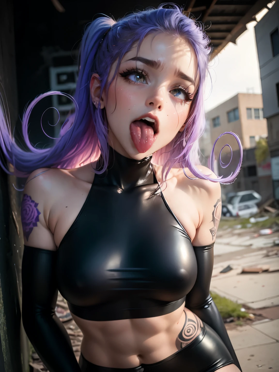 On your knees looking up, Mouth open, rolling eyes, tongue out, ((salivating)), detailed skin, hot girl, hot body, young, purple hair, wearing a sensual black leather outfit, tattooed, detailed beautiful face, perfect face, ( Artwork), best quality, high resolution, extremely detailed, Cinematic lighting, athletic body fit, realistic, photorealistic, Slim body, abdomen, ((tongue out)). (((Abandoned urban wall BACKGROUND))) .