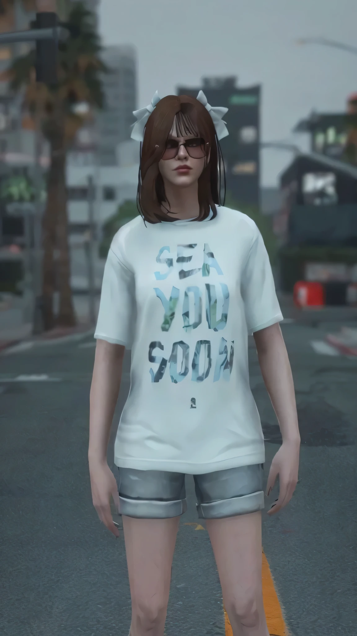 a close up of a person standing on a street with a shirt on, realistic clothing, gta v street style, glasses woman, realistically rendered clothing, highly detailed clothing, style of gta v, casual pose, no hood | | realistic shaded, gta character, wearing shorts and t shirt, cyberpunk street goon, gta5 style, creepy mood, gta 6 style