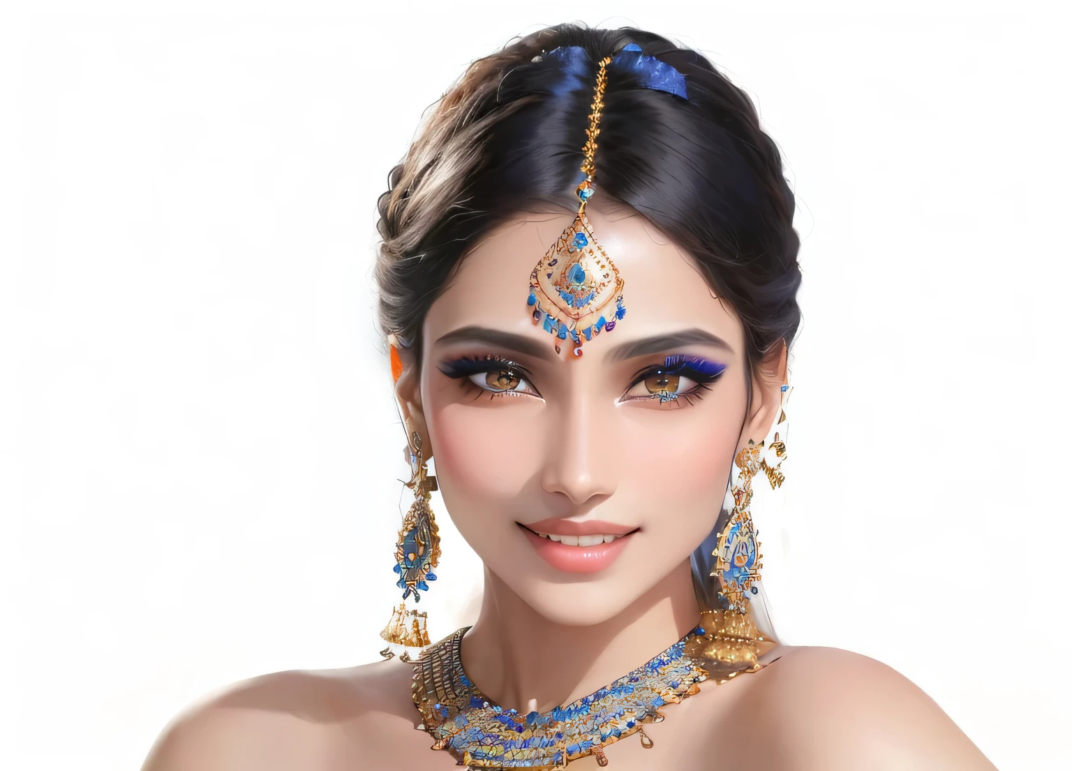 Arav woman wearing necklace and earrings,Smiling, Blue Jewels, Jewelry decoration on forehead, traditional makeup, India style, Forehead jewelry, Have professional makeup, India super model, India, Blue traditional clothing, Arab beauty, Traditional female hairstyle, Wearing gold jewelry, Wear elegant jewelry, India's Third Eye, India girl with brown skin