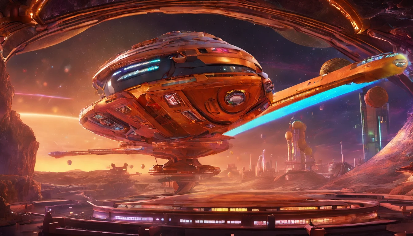 An avant-garde, awe-inspiring 3D render of a futuristic starship, masterfully blending the imaginative realms of Jules Verne, Cosmicpunk, Gerry and Sylvia Anderson, Larry Niven, and Jules Verne. The spaceship's base design is a Freightliner tractor trailer, while its bridge resembles a 75% version of a 1957 Chevy Nomad and a 1980s Mack Truck cab. A breathtaking conceptual art piece showcasing an enormous space station, Deep Space 9 style but in the shape of Babylon 5. In the style of protovision and 3D render, the station is surrounded by six O'Neal Class space stations, arranged in equilateral formation, with one in the center. The space station is as massive as 10 times Saturn and generates its own power, illuminating the surrounding area with vibrant glass and crystal diamond-like structures. It's a world memorizing world into itself. At the zenith, of the structure is the command center, in the shape of a metallic gold wired constructed circular 1974 Winnebago. This cinematic scene, inspired by Walter Matt Jeffries, Arthur C Clarke, & Leonardo Da Vinci, features a massive bustling spaceport with hundreds of starships constantly arriving and departing, while the background showcases a stunning cosmic landscape of stars, a nebula, and a comet. It's in 2 million UHD Resolution. The overall composition is a masterful blend of architecture, portrait photography, and the vision of life in the year 5,000., conceptual art, fashion, cinematic, photo, dark fantasy, 3d render, portrait photography, graffiti, architecture, Vibrant Glass.