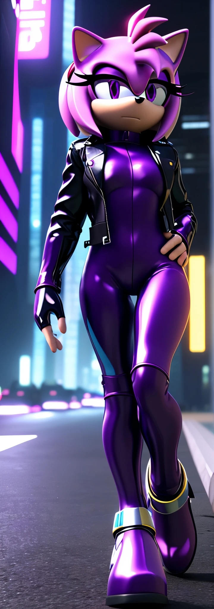 Solo, 1girl, full body image, rendered in SFM, ((sonic oc:1)), from sonic, high detail iconic character, in the new action-movie sonic, cyberpunk city, official render, 3d render official art, toon shader, ((female)), (((purple hedgehog:1))), ((shiny)) (purple fur:1.0), (((Amy rose style quills))), (((metallic purple eyeliner))) ((deep purple eyes:1.5)), ((calm neutral expression)), ray trace 4 k, ray trace 4k, (((metallic purple latex bodysuit))), (((leather jacket))), ((fingerless gloves:0.9))