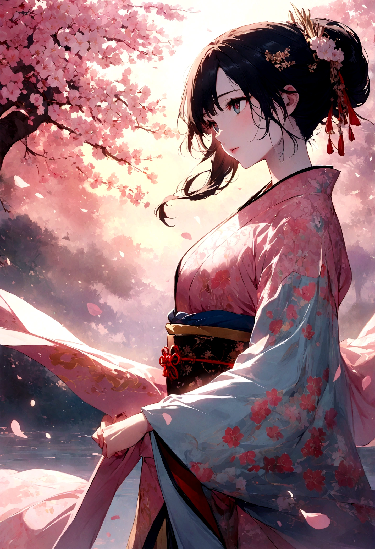 A breathtakingly beautiful young woman with pale porcelain skin, long silky black hair elegantly styled in a traditional updo with ornate hair accessories, and captivating almond-shaped eyes. She wears an exquisite silk kimono in vibrant colors emblazoned with a intricate pattern of cranes and cherry blossoms among swirling clouds.
The kimono is masterfully draped to accentuate her slender figure and she stands gracefully in zori sandals in a lush garden filled with cherry trees in full bloom, their pink petals swirling in the gentle breeze. The scene is bathed in the soft golden light of magic hour. An elegant nuren-deshi(Rinren disciple) style illustration with incredible detail, delicate textures, beautiful colors and lighting. Extremely photorealistic in the tradition of the great Japanese master painters like Hashimoto Gaho.