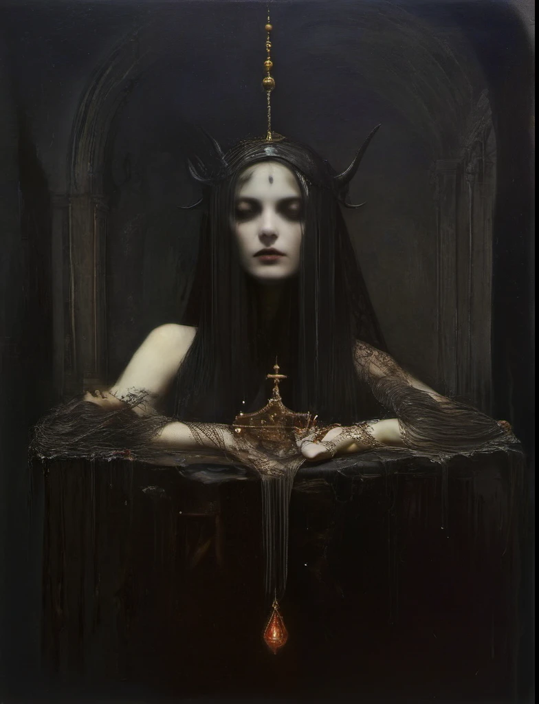 James Gurney, Surrealist art , dream-like, Mysterious, Provocative, symbolic, Complex, detailed,, (Gothic but very beautiful:1.4), (masterpiece, highest quality:1.4) , Nicola Samori Style,  Woman Devil