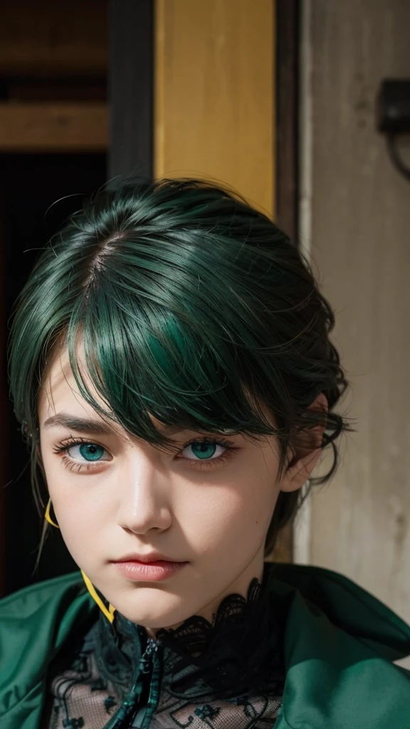 Change all yellow color into auburn.
Change his eye color into emerald green.
The rest in the picture that didn't mentioned stays the same.