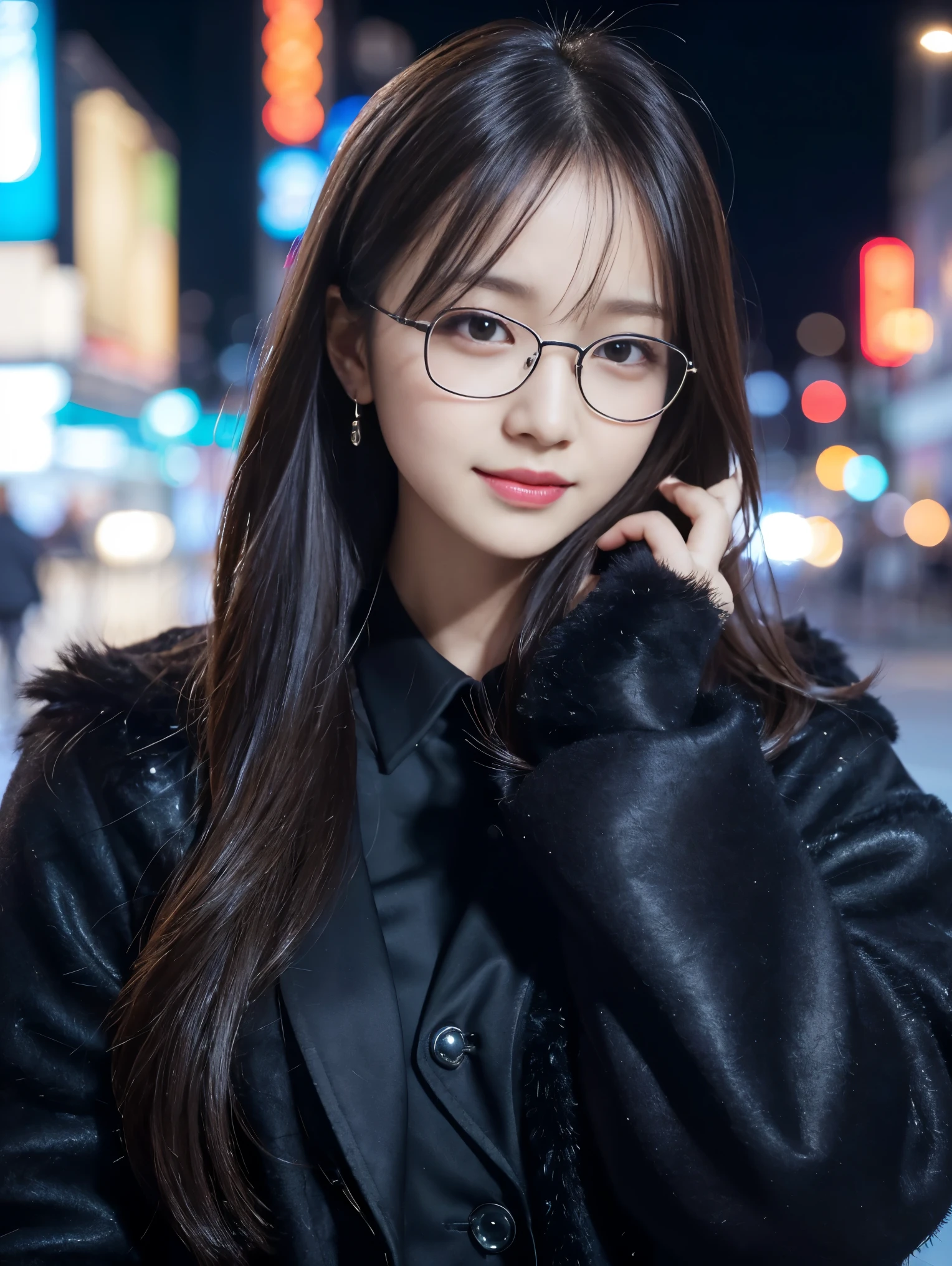 beautiful young girl, 非常にbeautiful detailsな顔, (Slender body:1.4), (Detailed face:1.2), Conceptual Art, high quality, Realistic, Very detailed CG 統合 8k 壁紙, Very detailed, High-resolution RAW color photos, Professional photography, Cinematic Light, beautiful details, Very detailed, Advanced Details, Depth of written border, Super stylish lighting, (beautiful :1.2), Smooth and flawless skin, Expressive and captivating eyes, distinct facial features, Perfectly balanced face, Fine Details and Realistic Textures，Busy Street,night,Neon Street,Blurred Background，Standing position，(Winter，black fluffy jacket),Glasses,looks fun，Showing teeth，smile