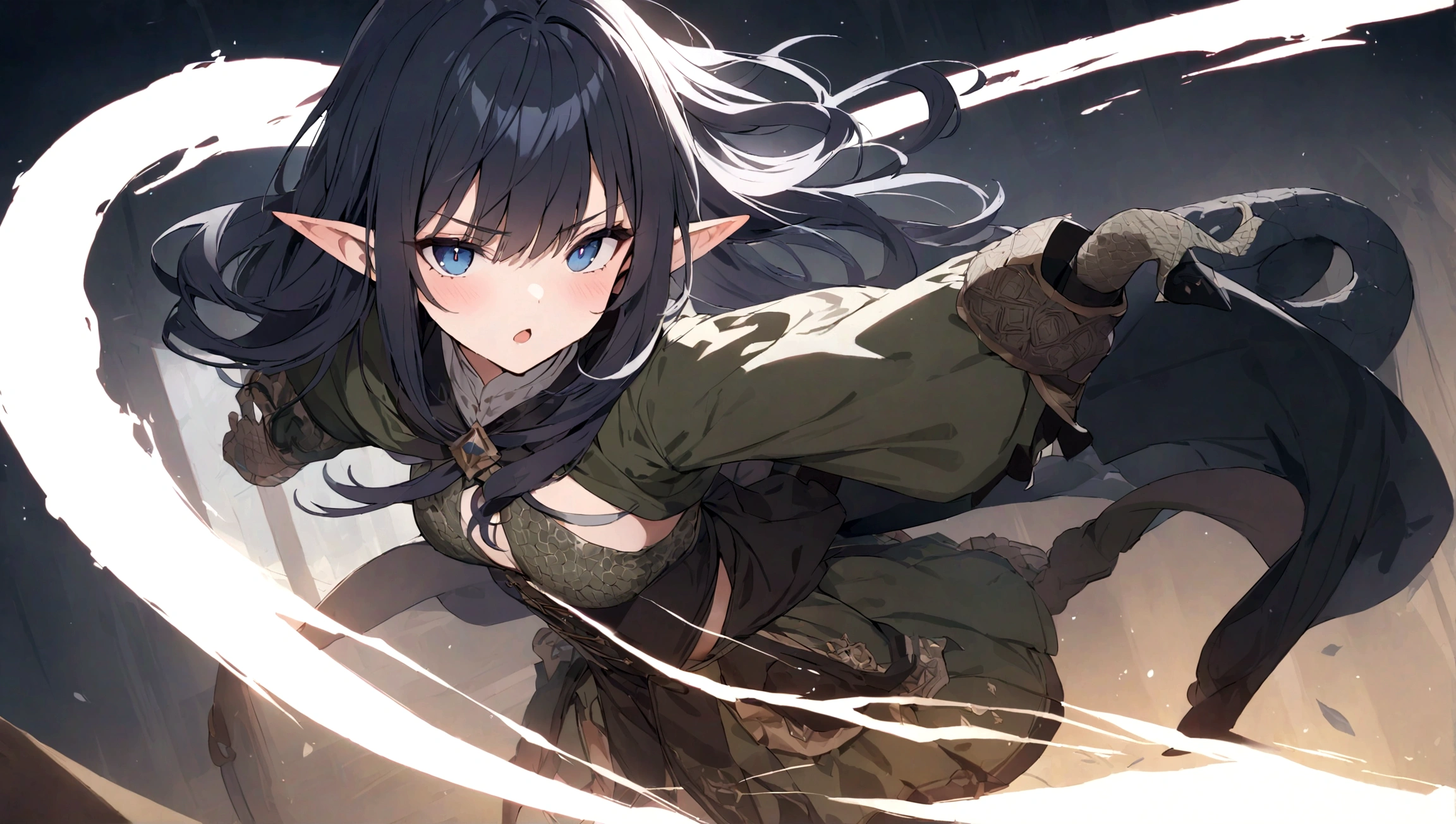 masterpiece, elf girl, black hair, medieval oufit dynamic pose ,dynamic expression , beautiful eyes,detailed eyes, snake eyes
