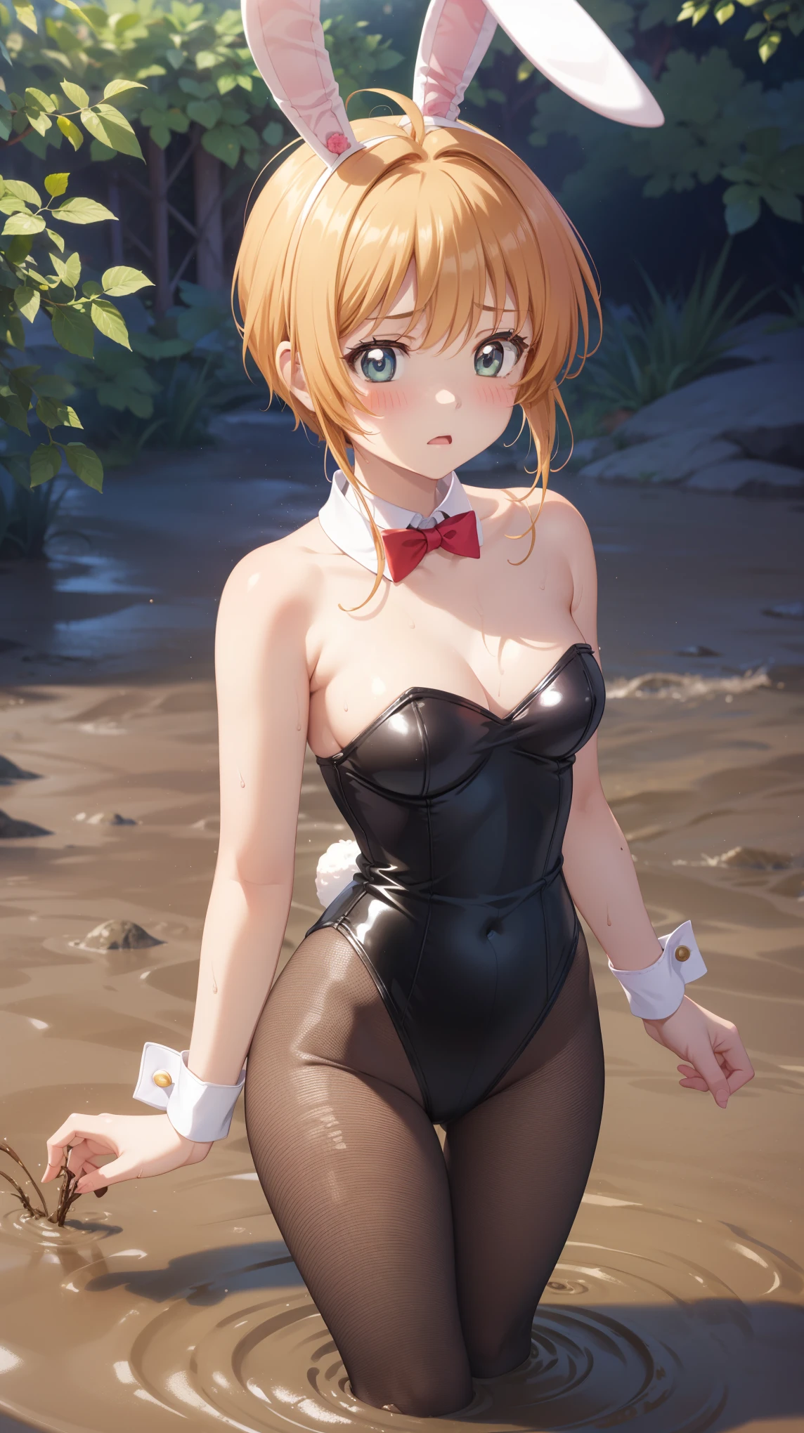 masterpiece, best quality, highres, 1girl, detailed face, blush, anime CG style, (medium breasts), (18 year old girl:1.3), (aged up), good lighting, perfect body, sakura kinomoto, glossy lips, strapless leotard, detached collar, wrist cuffs, (white fishnet tights), bunny ears, (curvy), (upset), (sinking in mud)