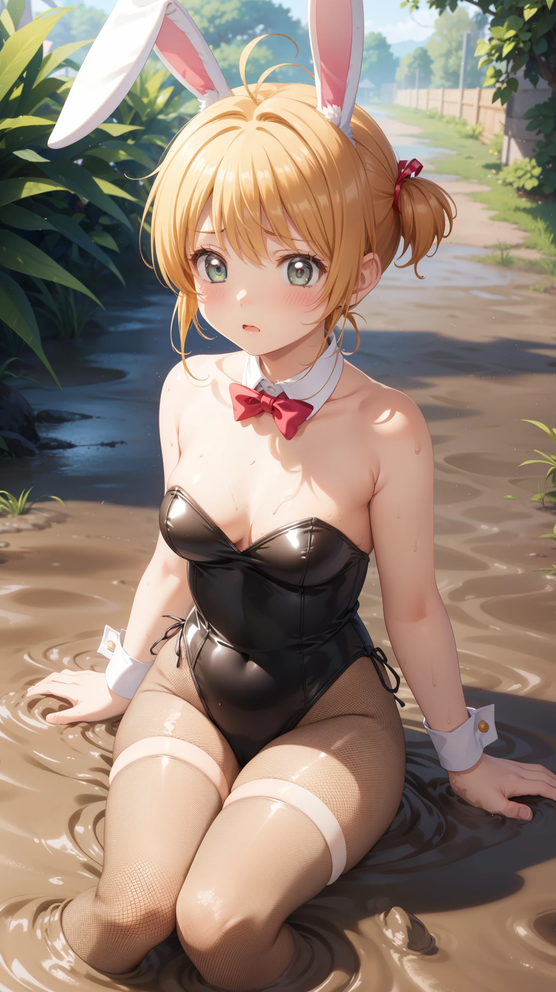 masterpiece, best quality, highres, 1girl, detailed face, blush, anime CG style, (medium breasts), (18 year old girl:1.3), (aged up), good lighting, perfect body, sakura kinomoto, glossy lips, city street, strapless leotard, detached collar, wrist cuffs, bunny ears, (curvy), garden, (sinking in mud), (upset), tears on cheeks, partially submerged