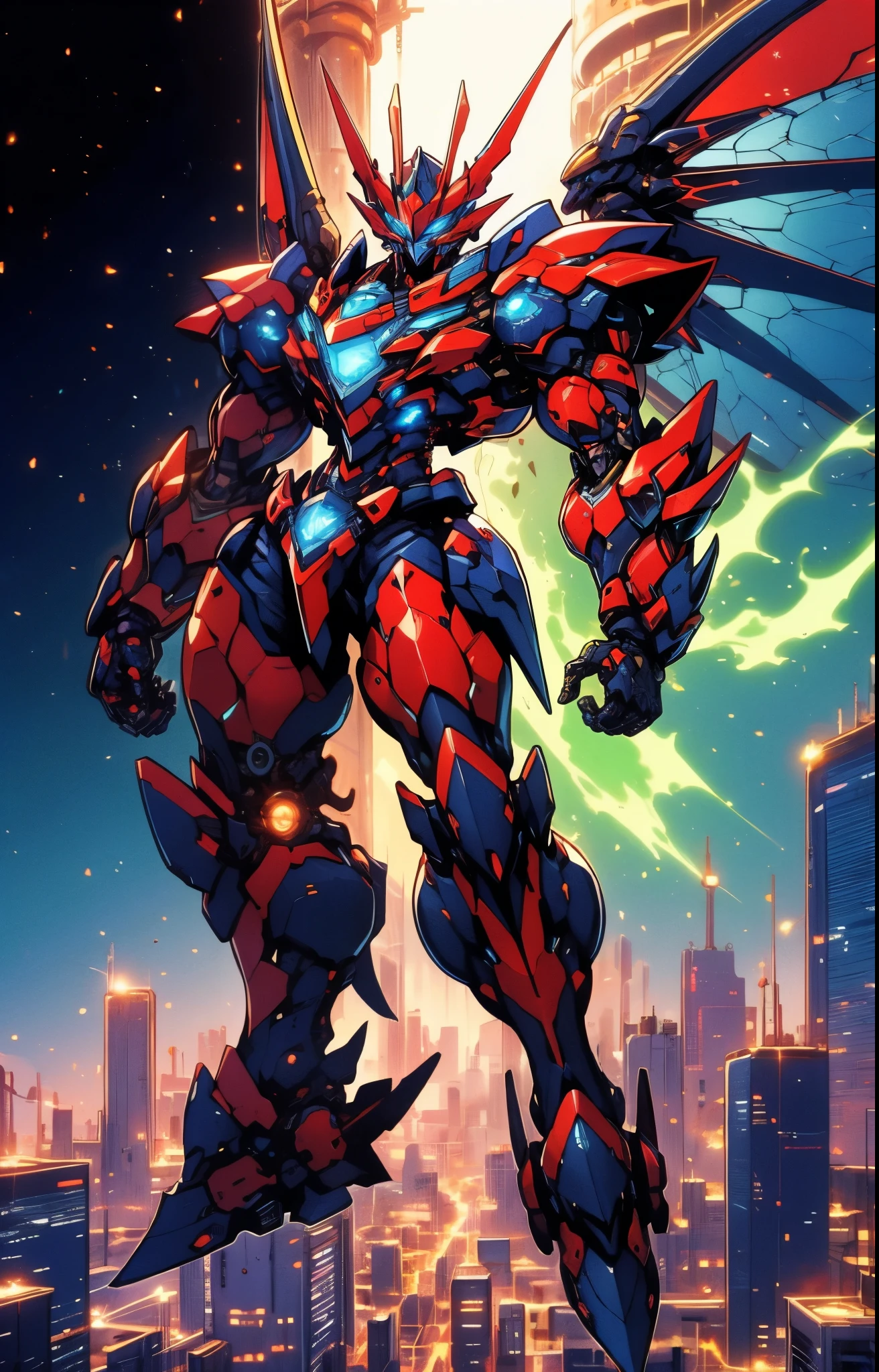 Humanoid Mecha, fully enclosed shoulder guards, matching arm and leg guards, full body, full armor, super robot, the design balances heavy with agility, (the color scheme is primarily white with red and blue accents, the concept Inspired by super robot, Bat concept chest armor, pose, standing, floating high above the futuristic sci-fi city), exquisite and mature art style, (aura effect, energy, glowing eyes, the armor glows), ((SRS)), metallic, dramatic, high definition, best quality, highres, ultra-detailed, ultra-fine painting, extremely delicate, professional, perfect body proportions, anatomically correct, symmetrical face, extremely detailed eyes and face, high quality eyes, creativity, RAW photo, UHD, 32k, Natural light, cinematic lighting, masterpiece-anatomy-perfect, masterpiece:1.5