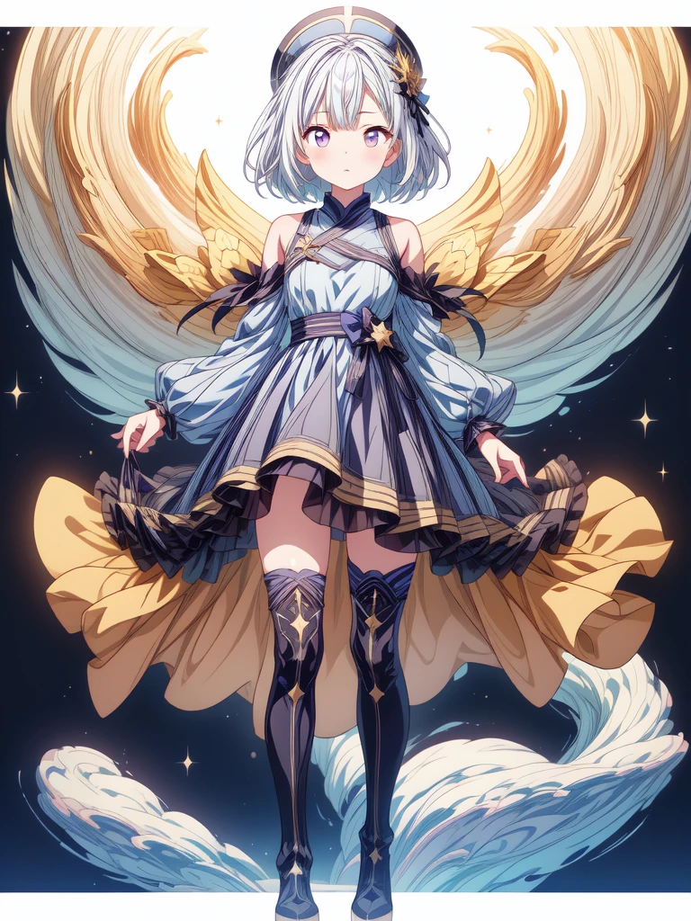 (((1girl)))、starの妖精、vtuber-fullbody、(((highest quality、Masterpiece、The best composition、Golden Ratio、Official Art、Super detailed、Super detailedな目)))、ultra detailed, from front, headshot、 blue and white hair color、Short bangs above eyebrows、Short Hair、Standing in front of the viewer、着物とゴスロリをリメイクしたMilky Way柄の洋服で濃紺と水色を基調にした色、The sleeves are long and the hands are hidden、Knee-high boots、Pure white simple background、star、Milky Way、universe、流star群、